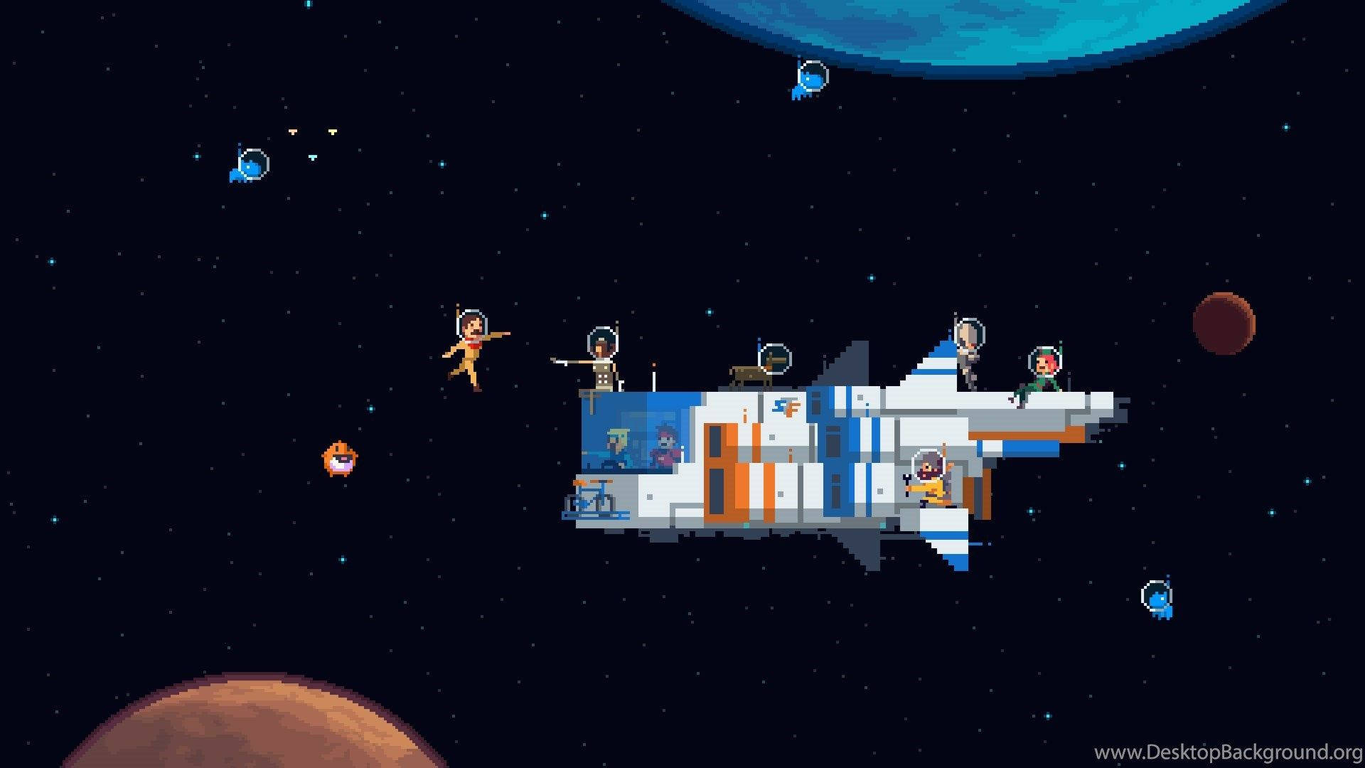Pixel Art Spaceship In Outer Space Background