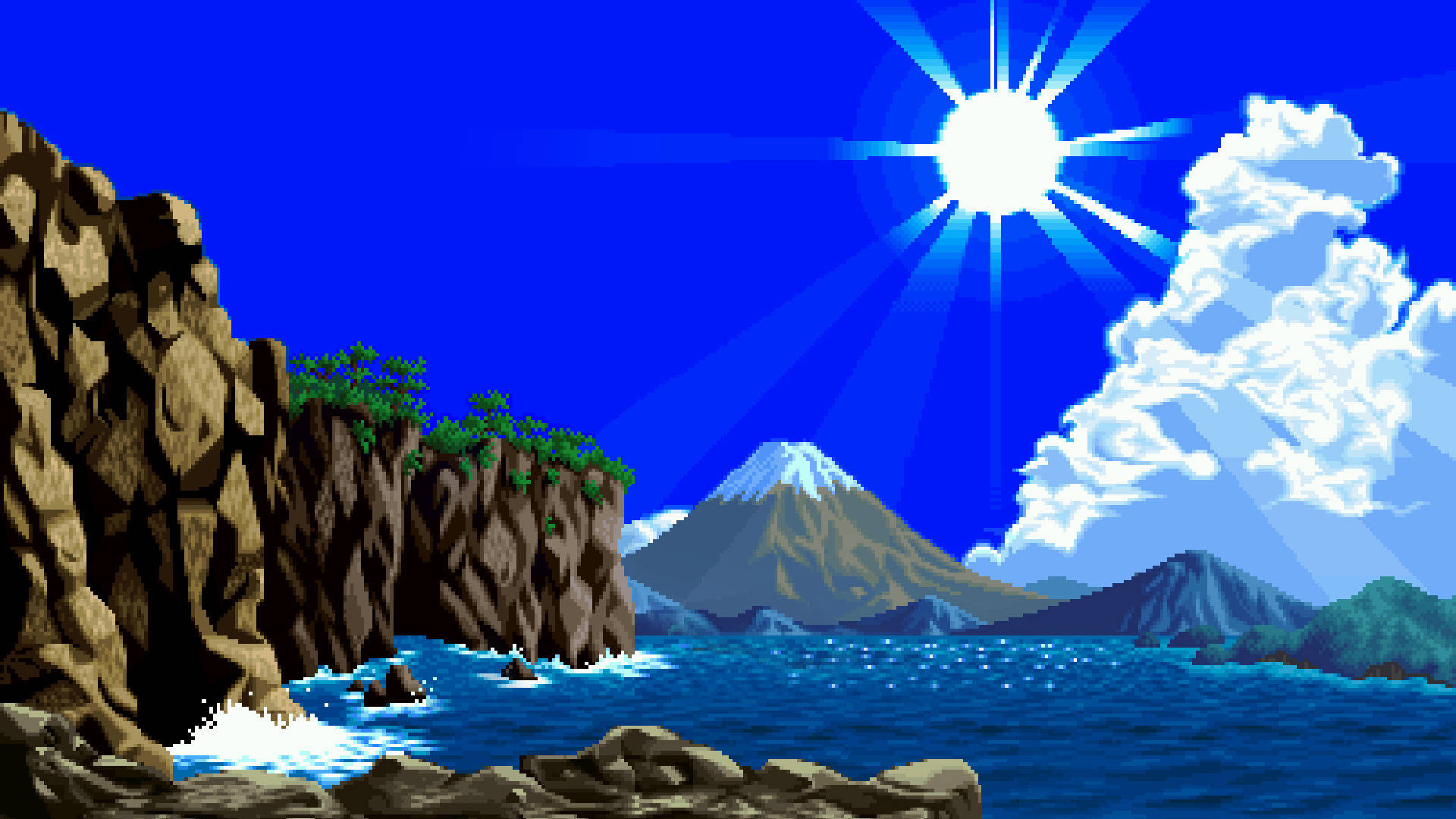 Pixel Nature Sea Mountain Cliff Background