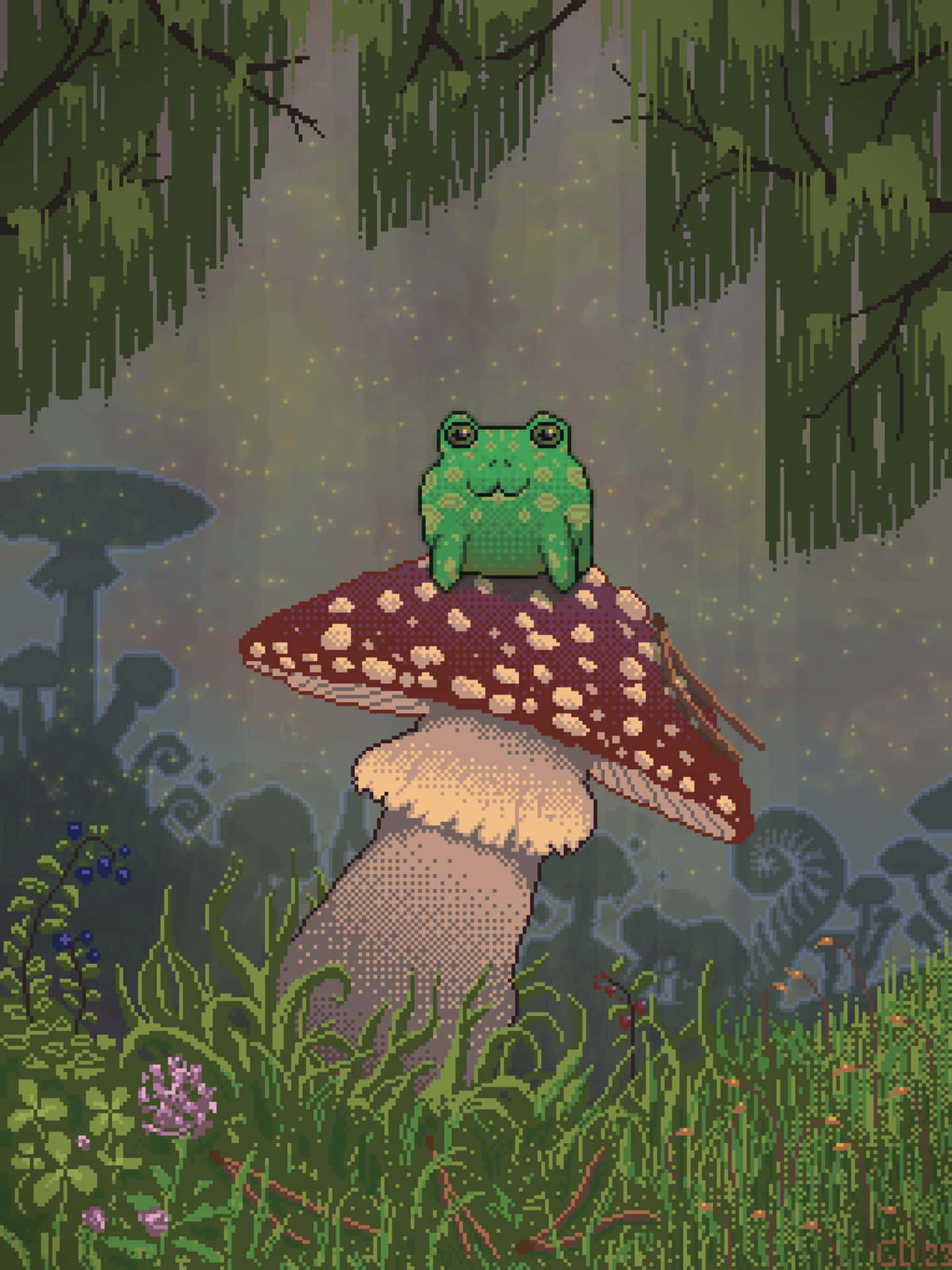 Pixelated Frogon Mushroomin Forest Background