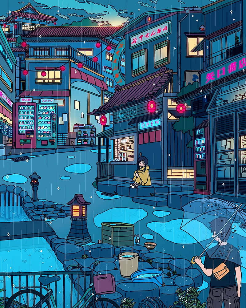 Pixelated Night Tokyo Anime City