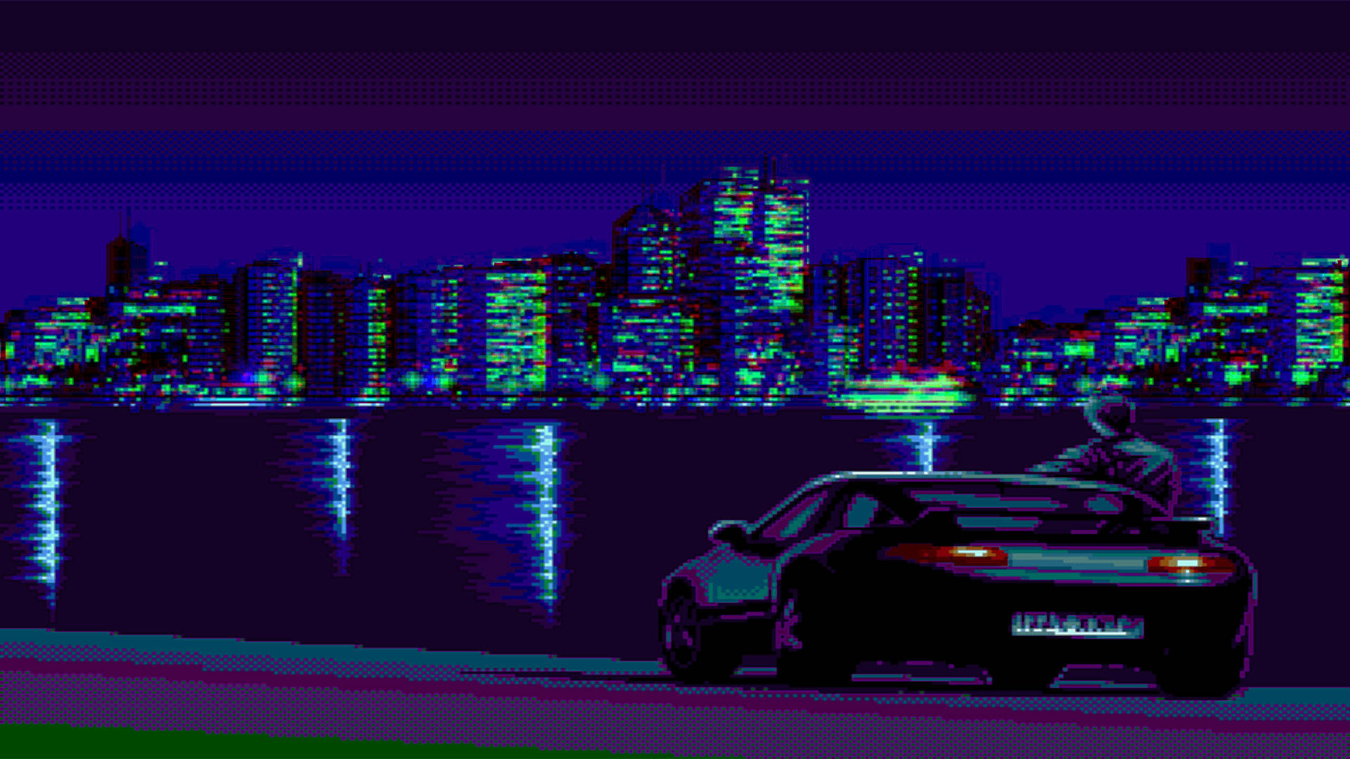Pixelated Retro Anime Aesthetic Car Background