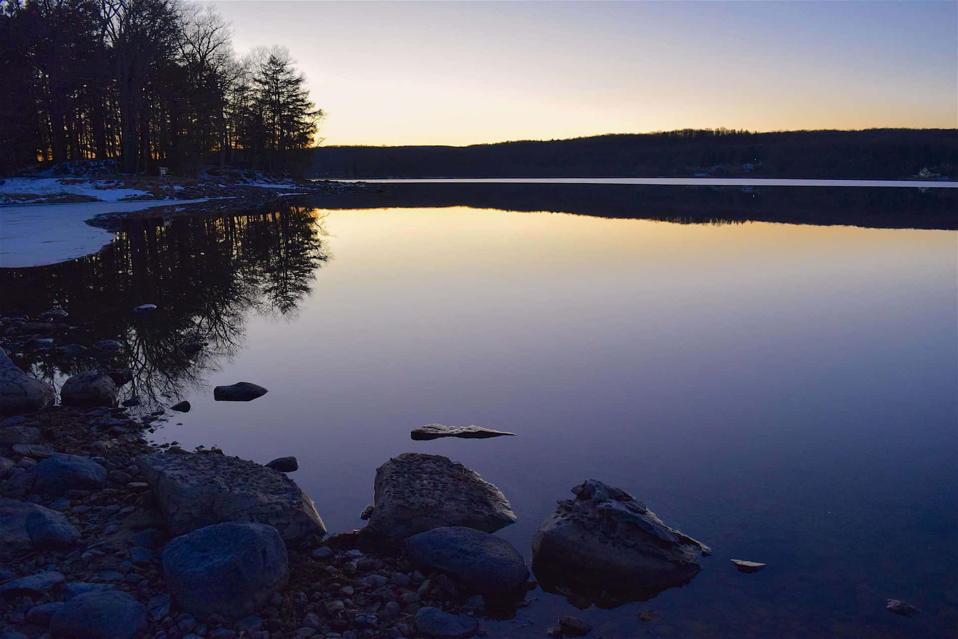 Placid Lake Beside The Trees Background