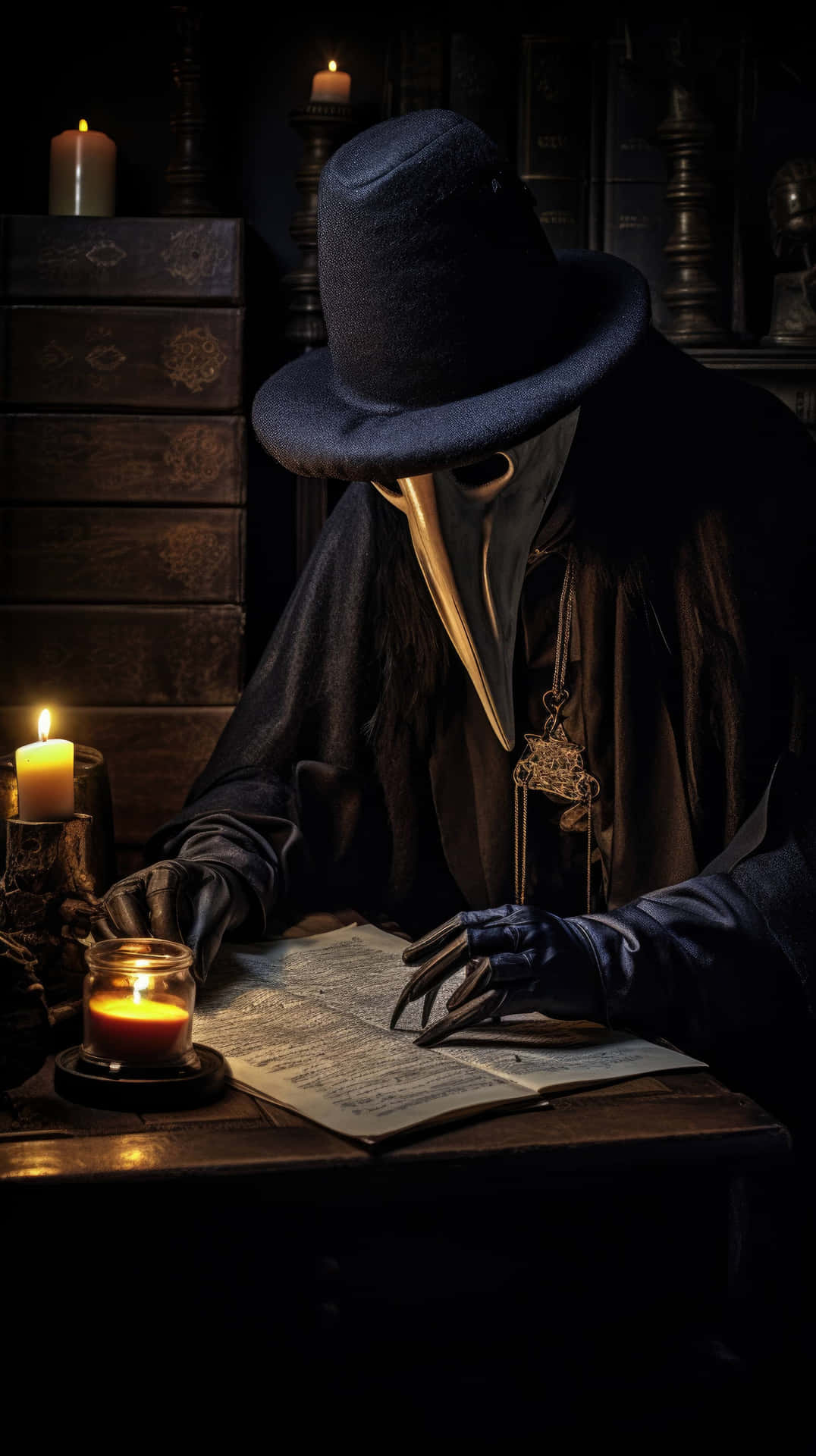 Plague Doctor Studying Script Background