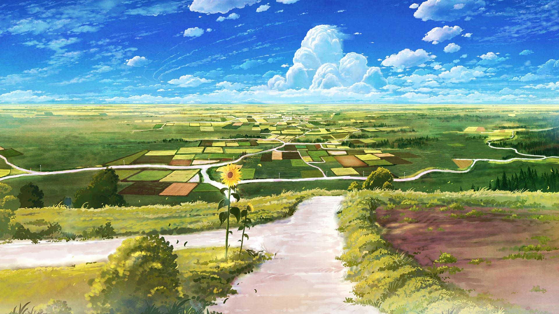 Plains With Crop Lines Green Anime Aesthetic Background