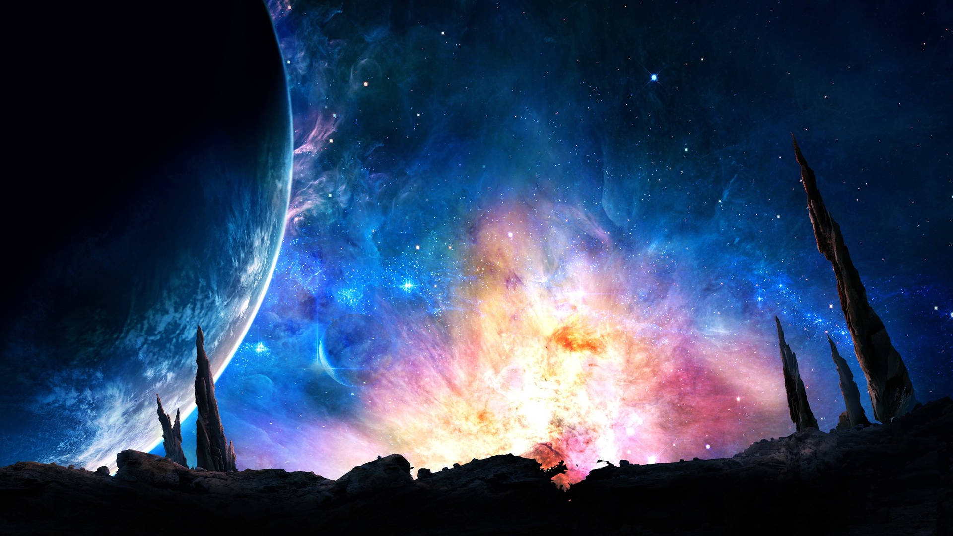 Planet Rocks In Nebula Sky Background