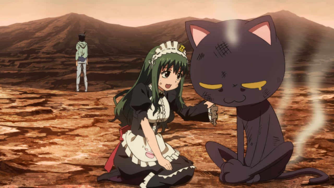 Planet With Maidand Cat Character Background