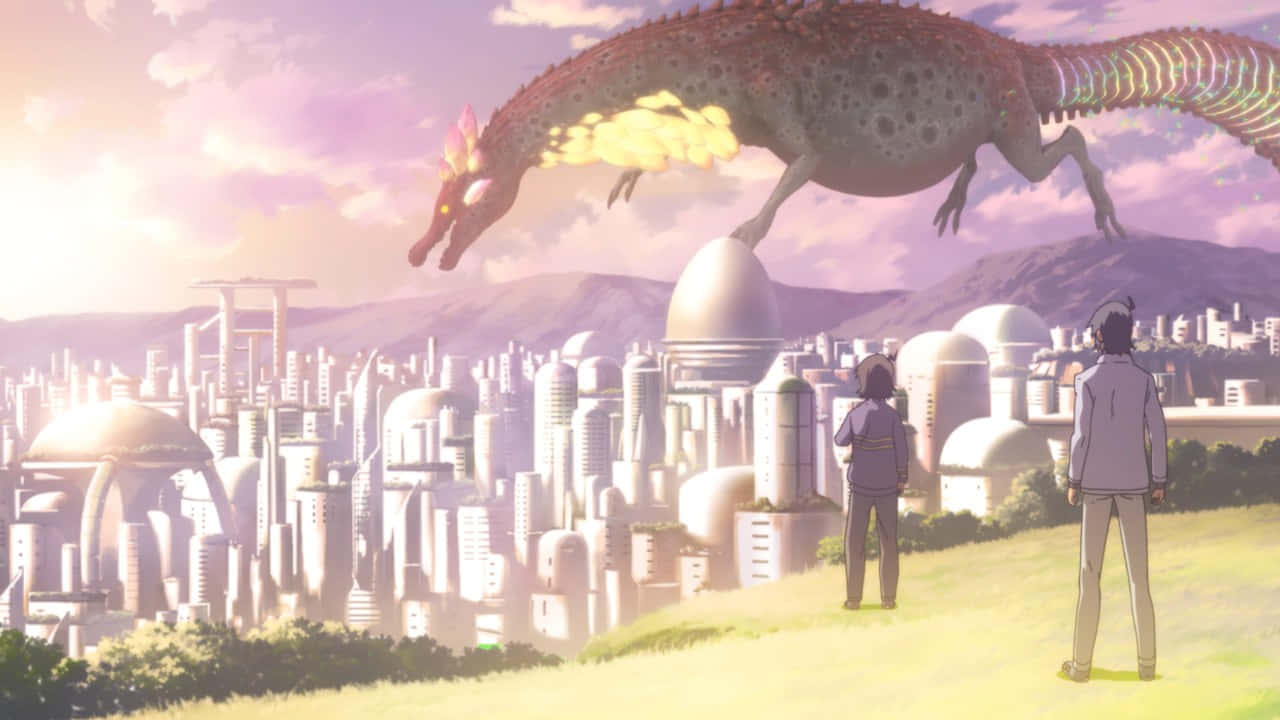Planet_ With_ Scene_ Futuristic_ City_and_ Mysterious_ Creature Background