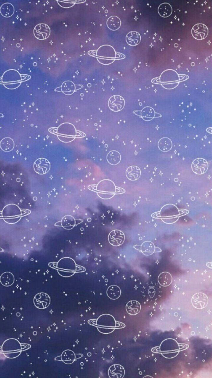Planets And Stars On Purple Aesthetic Sky Background