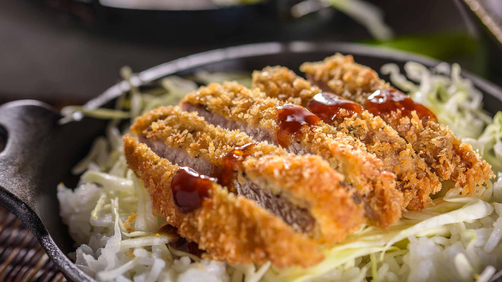 Plate Of Rice Topped With Cabbage Slaw And Tonkatsu Background