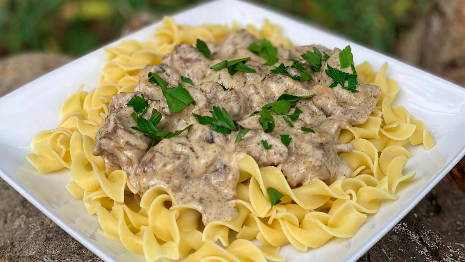 Plateful Of Beef Stroganoff With Pasta Background