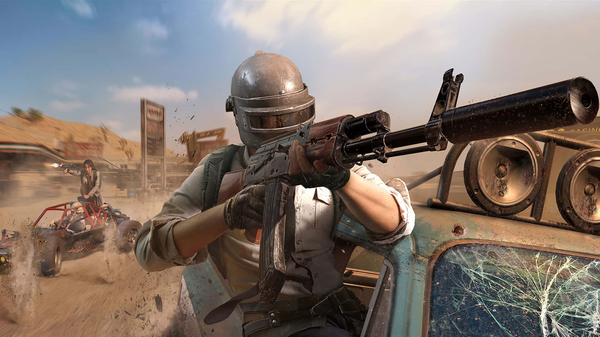 Player Unknown Battlegrounds Helmet Character With Gun Background