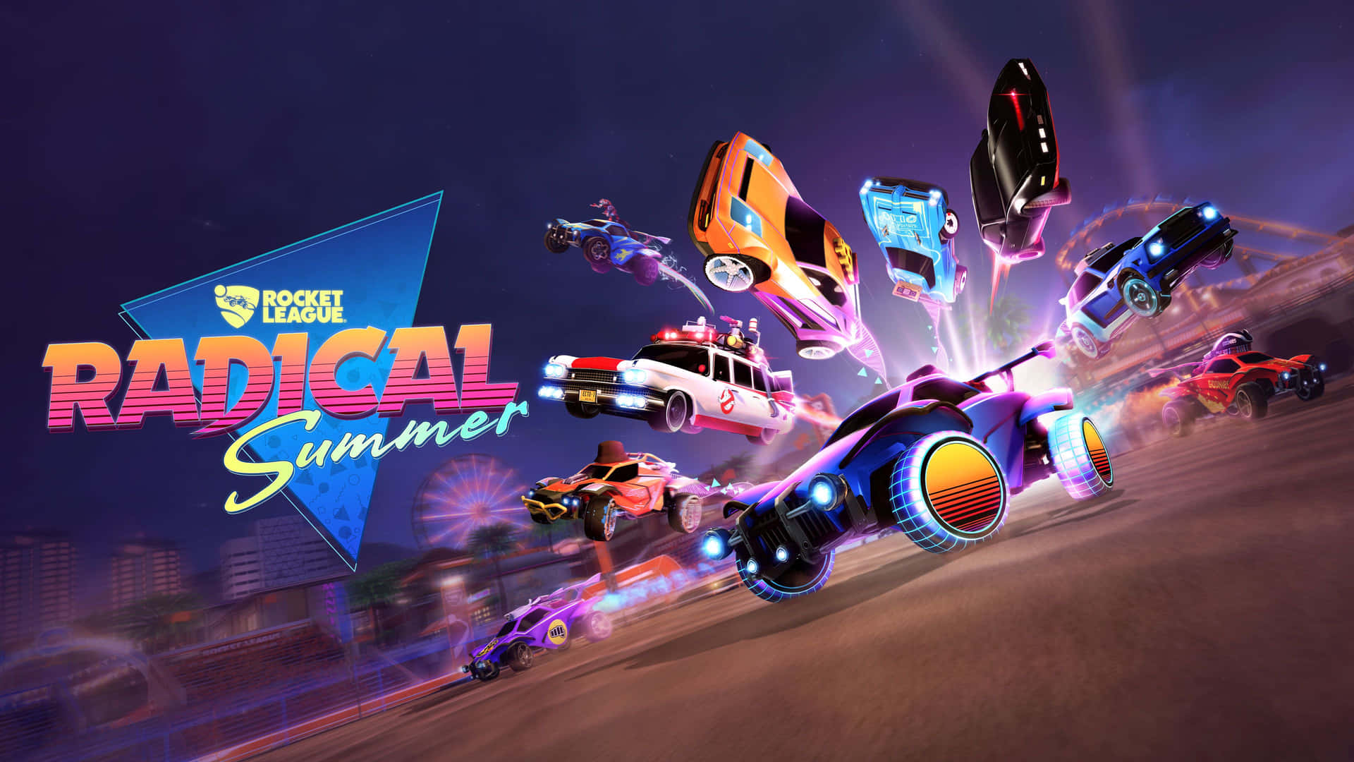Players Soar Amidst Burning Wreckage In Rocket League Desktop Background