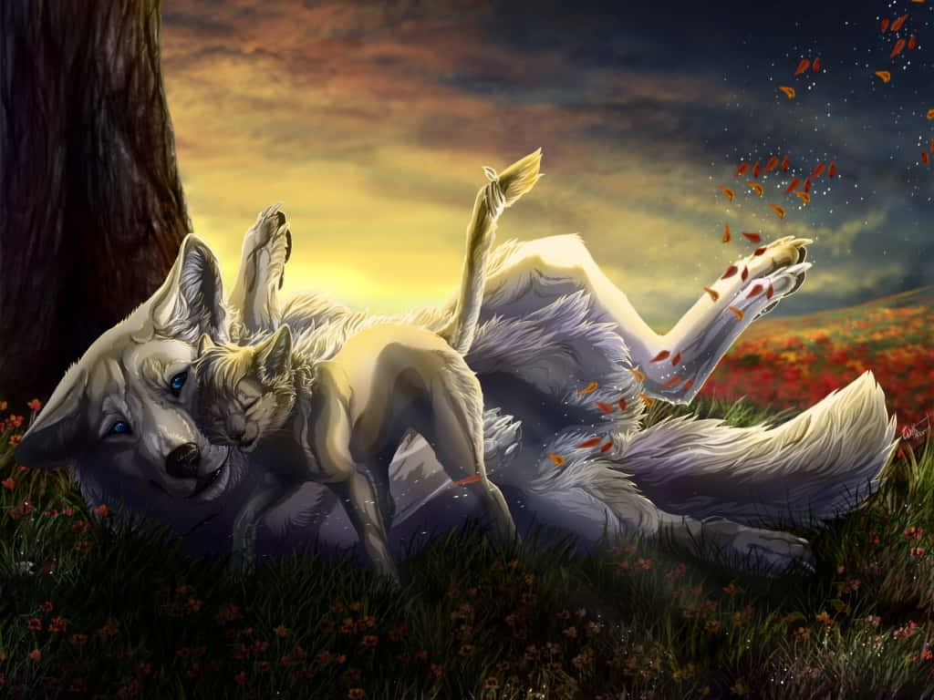 Playful Anime Wolf Sunset Background