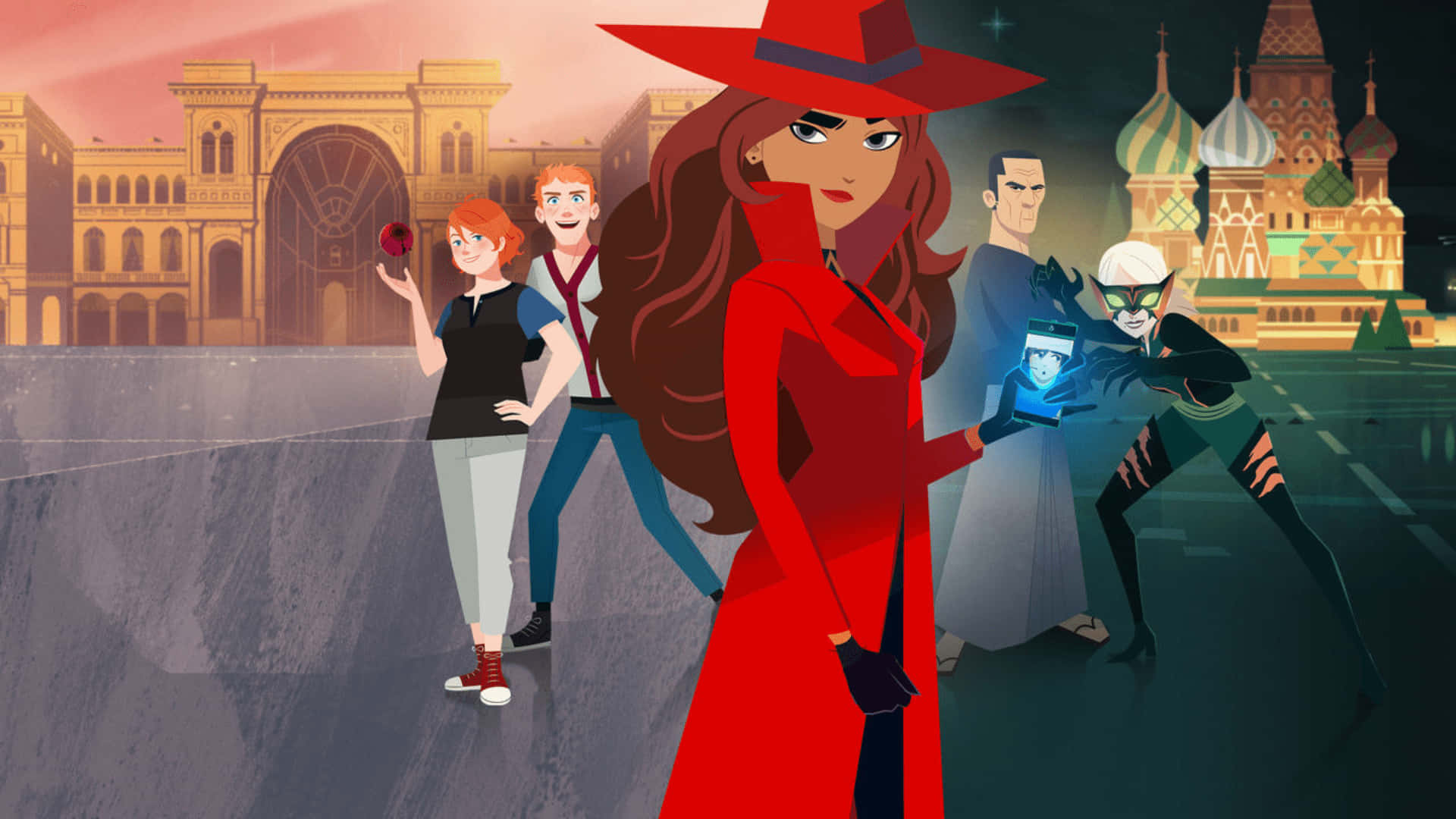 Playful Carmen Sandiego Sneaking Through The Shadows Background