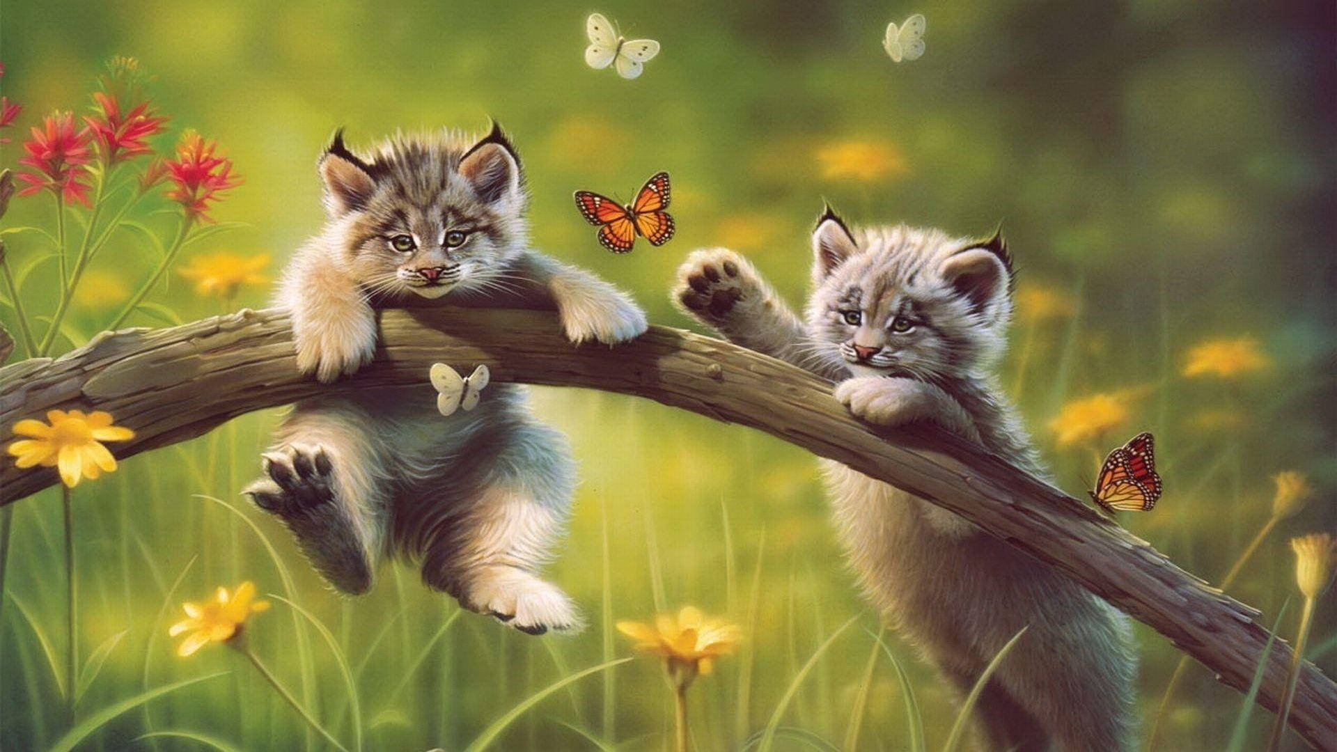 Playful Kittenson Branchwith Butterflies Background