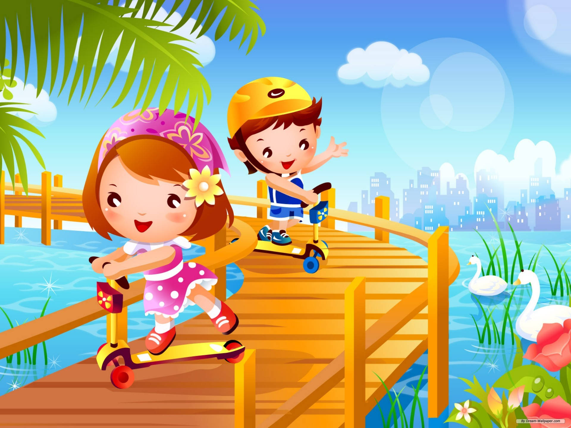 Playing Children At Pier Cartoon Art Background