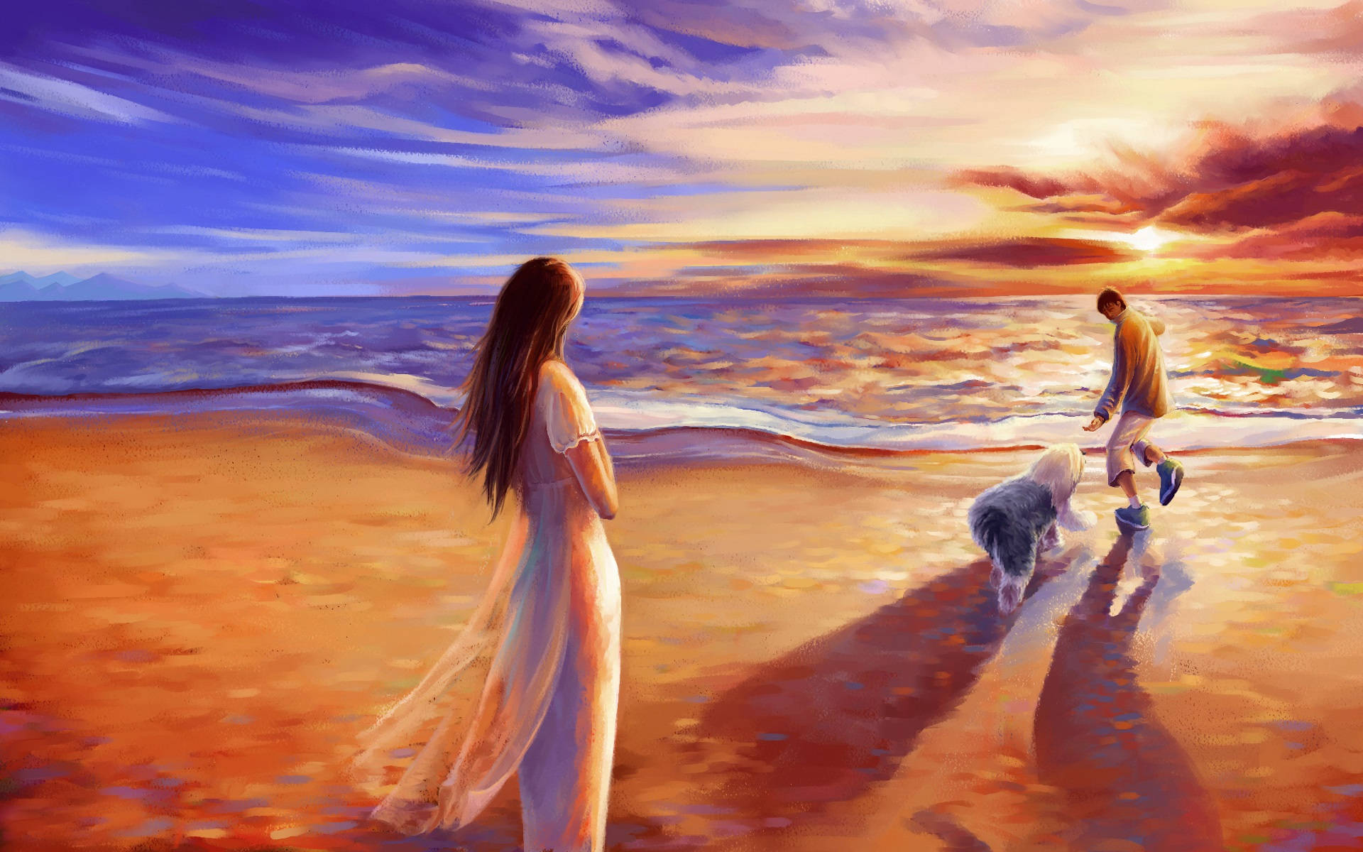Playing On Beach Sunset Painting Background