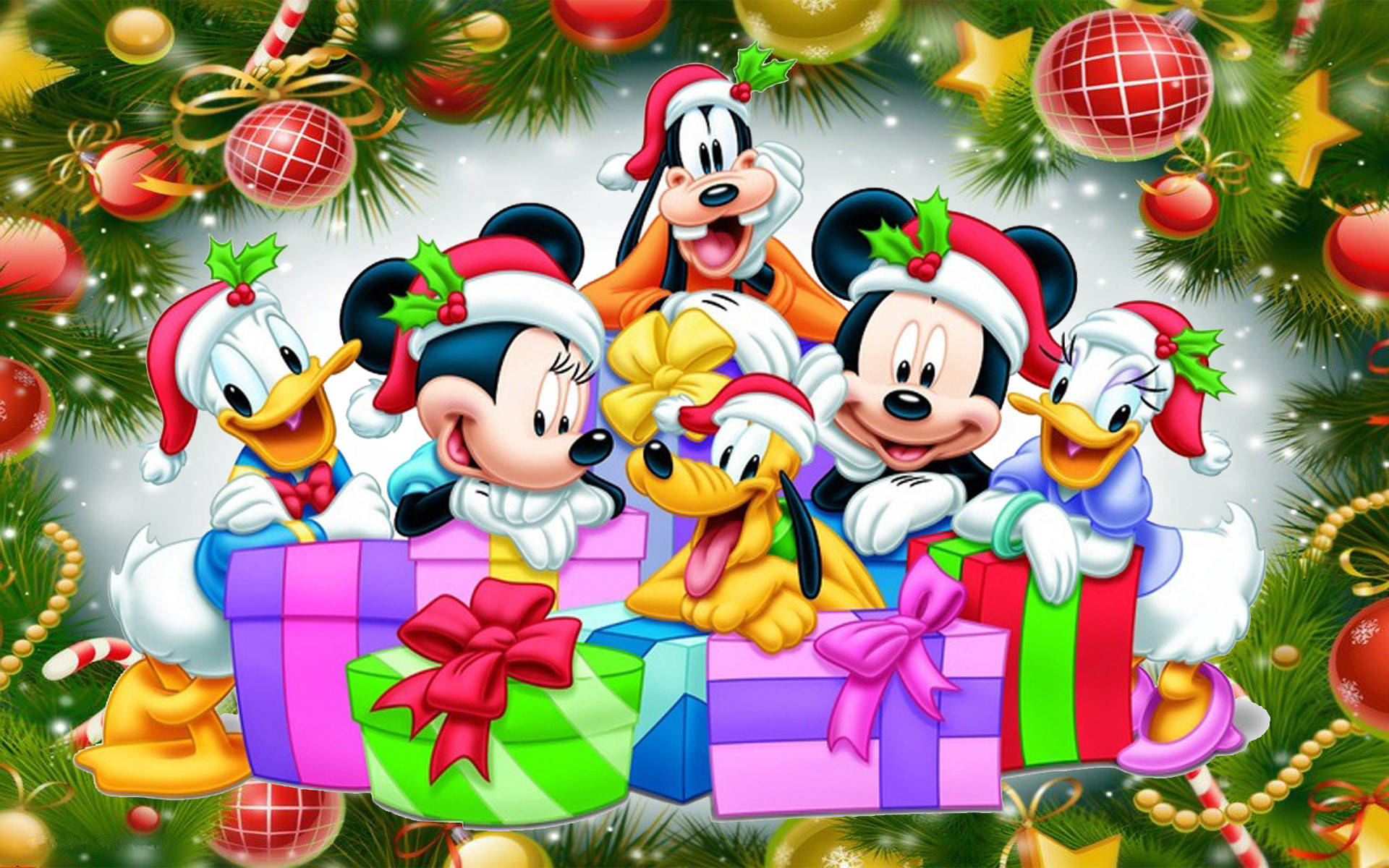 Pluto And Disney Characters Christmas Hats Background