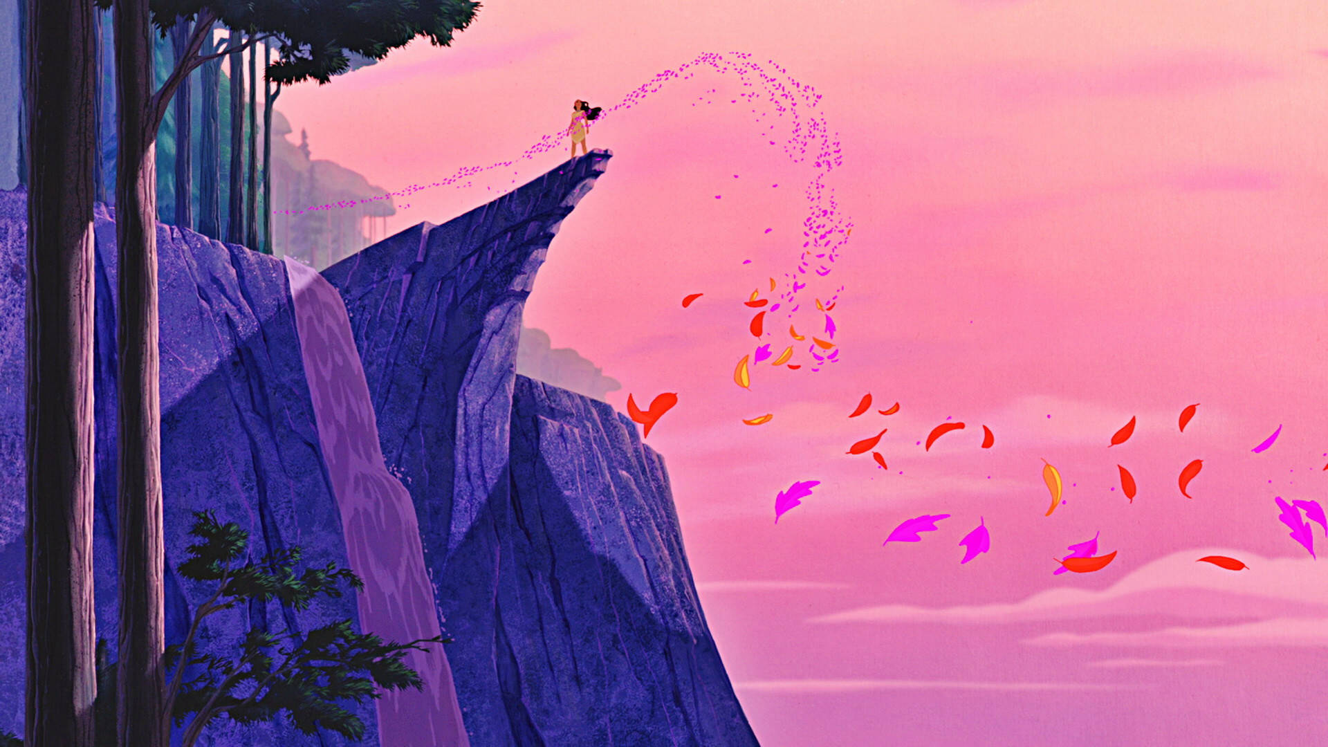 Pocahontas Standing On Cliff Background