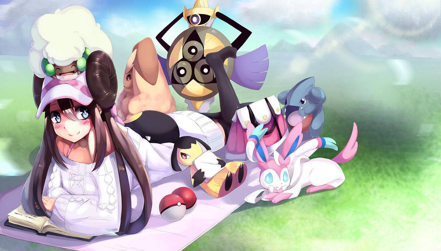 Pokemon - A Girl Laying On The Grass With Her Friends Background