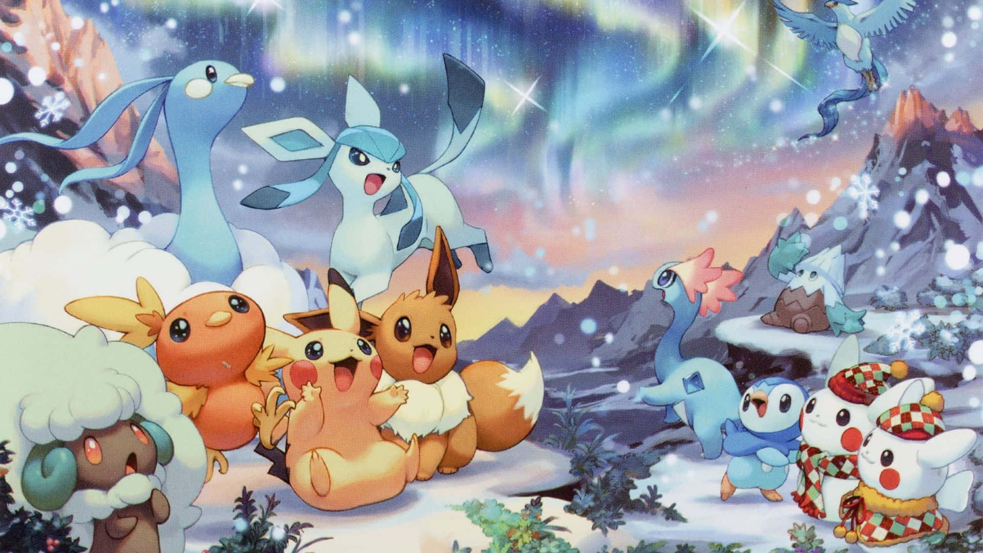 Pokémon Christmas With Aurora Sky Background