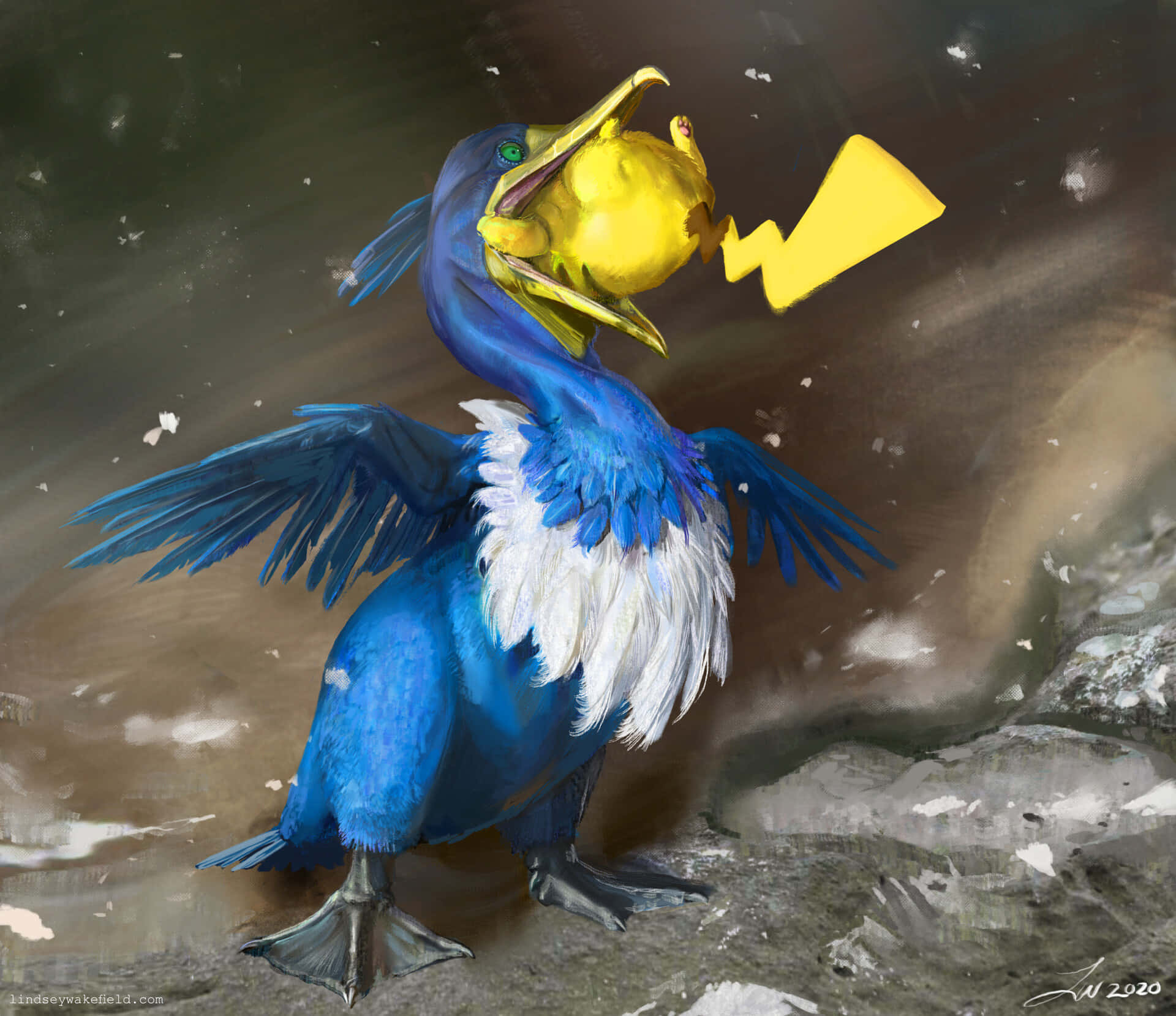 Pokémon Cramorant And Pikachu In Windy Mountain Background