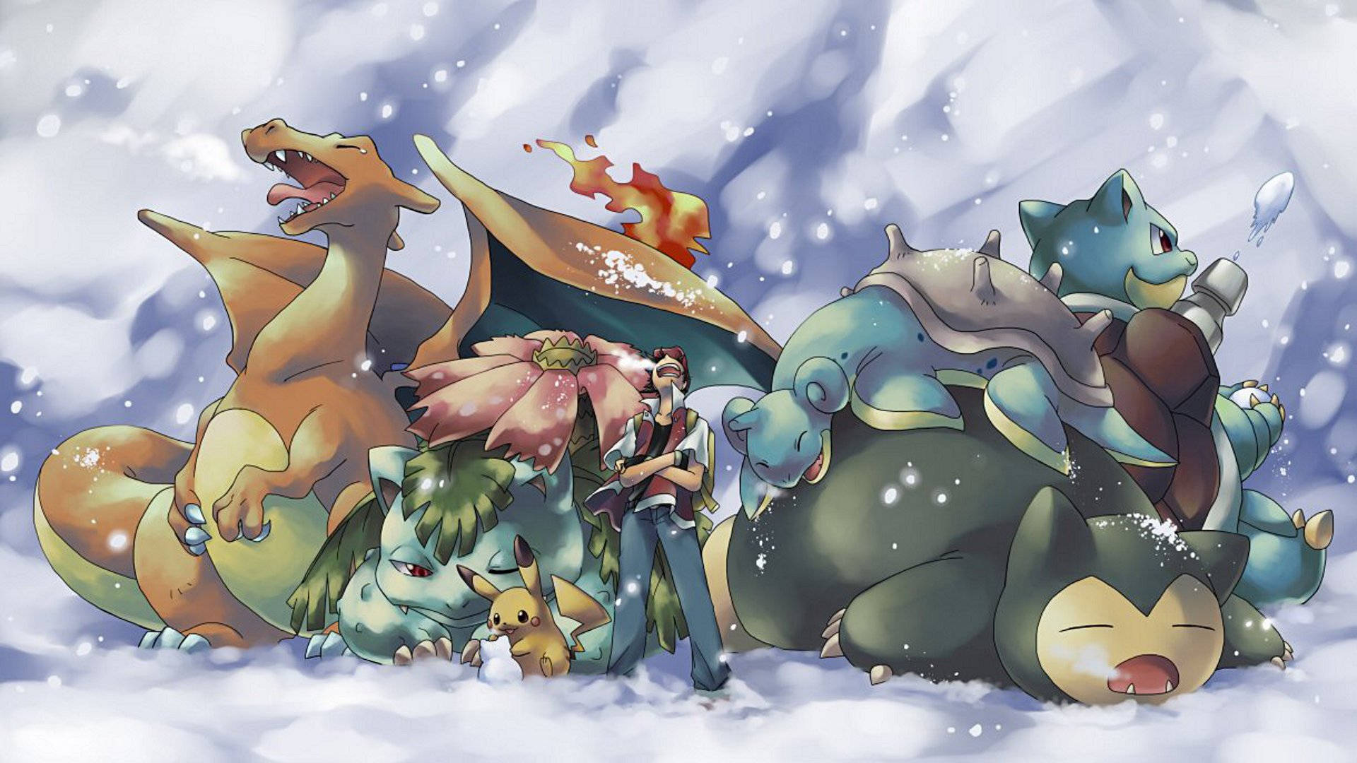 Pokemon Creature In Snow With Charizard Background