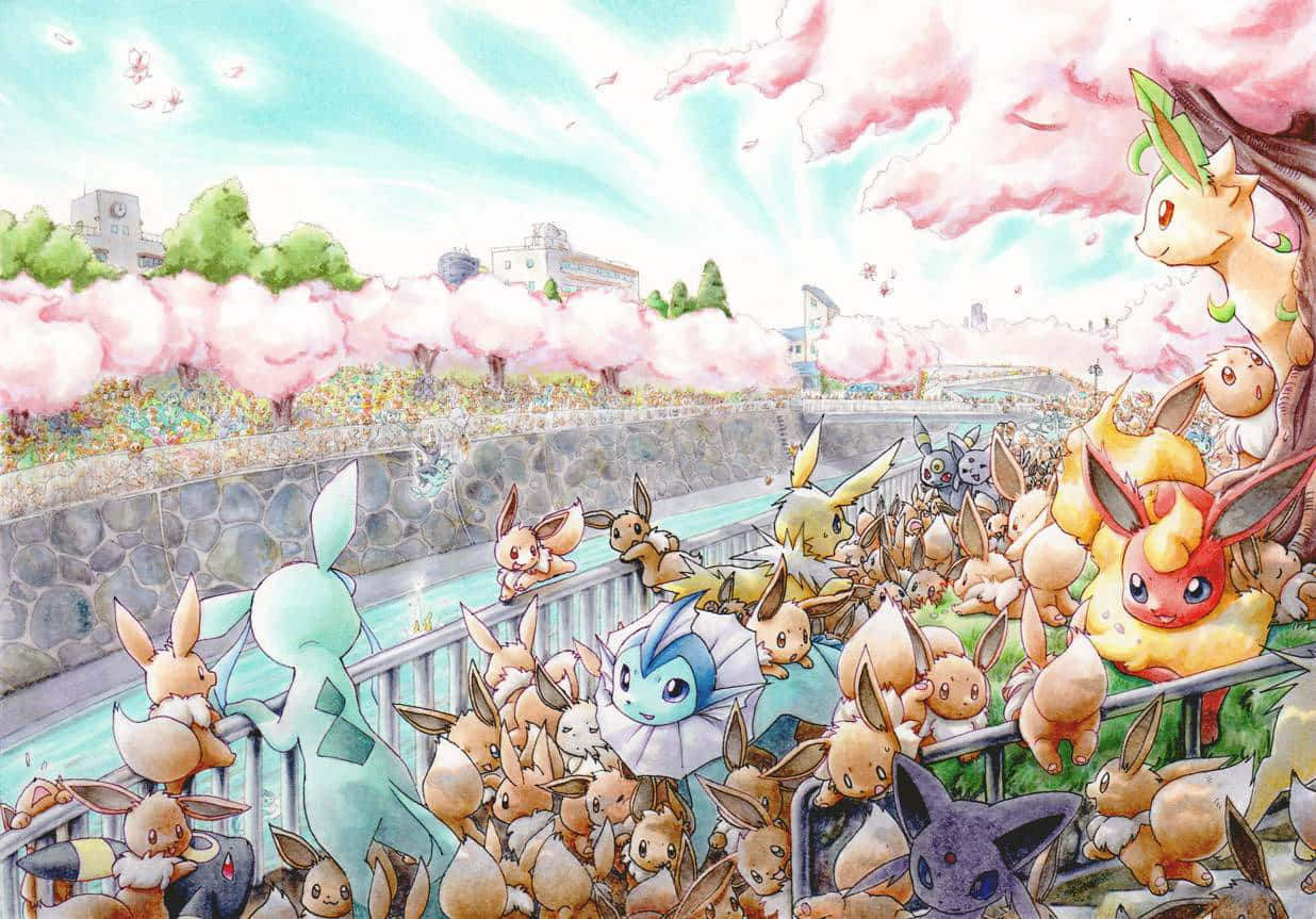 Pokémon Eevee Gathering In A Spring Park Background