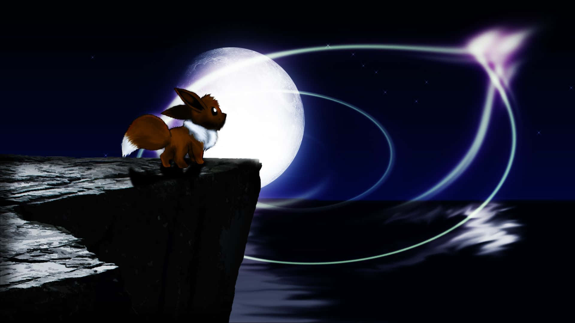 Pokémon Eevee On A Sea Cliff At Night Background
