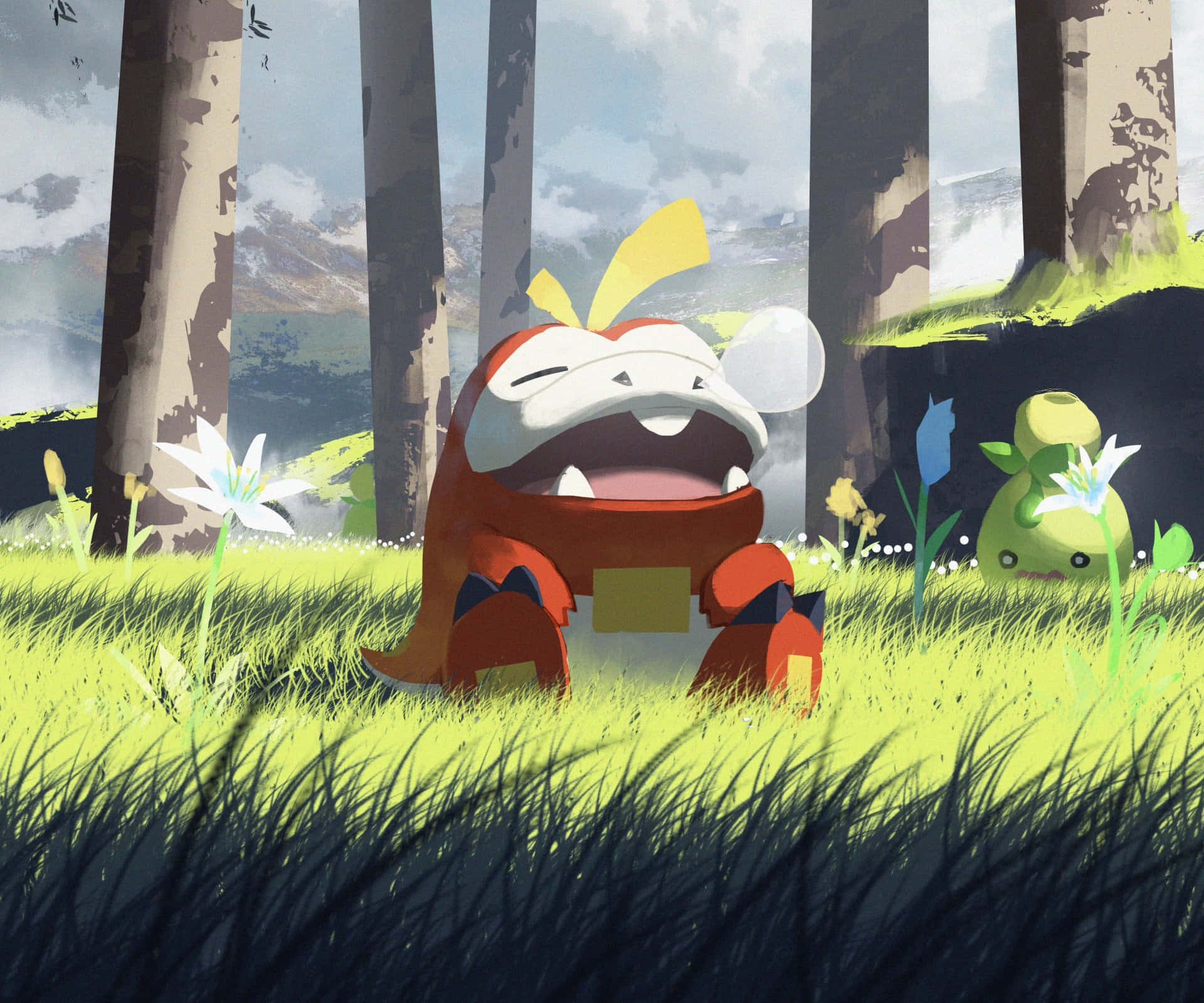 Pokemon Fuecoco Sitting On Grass Background