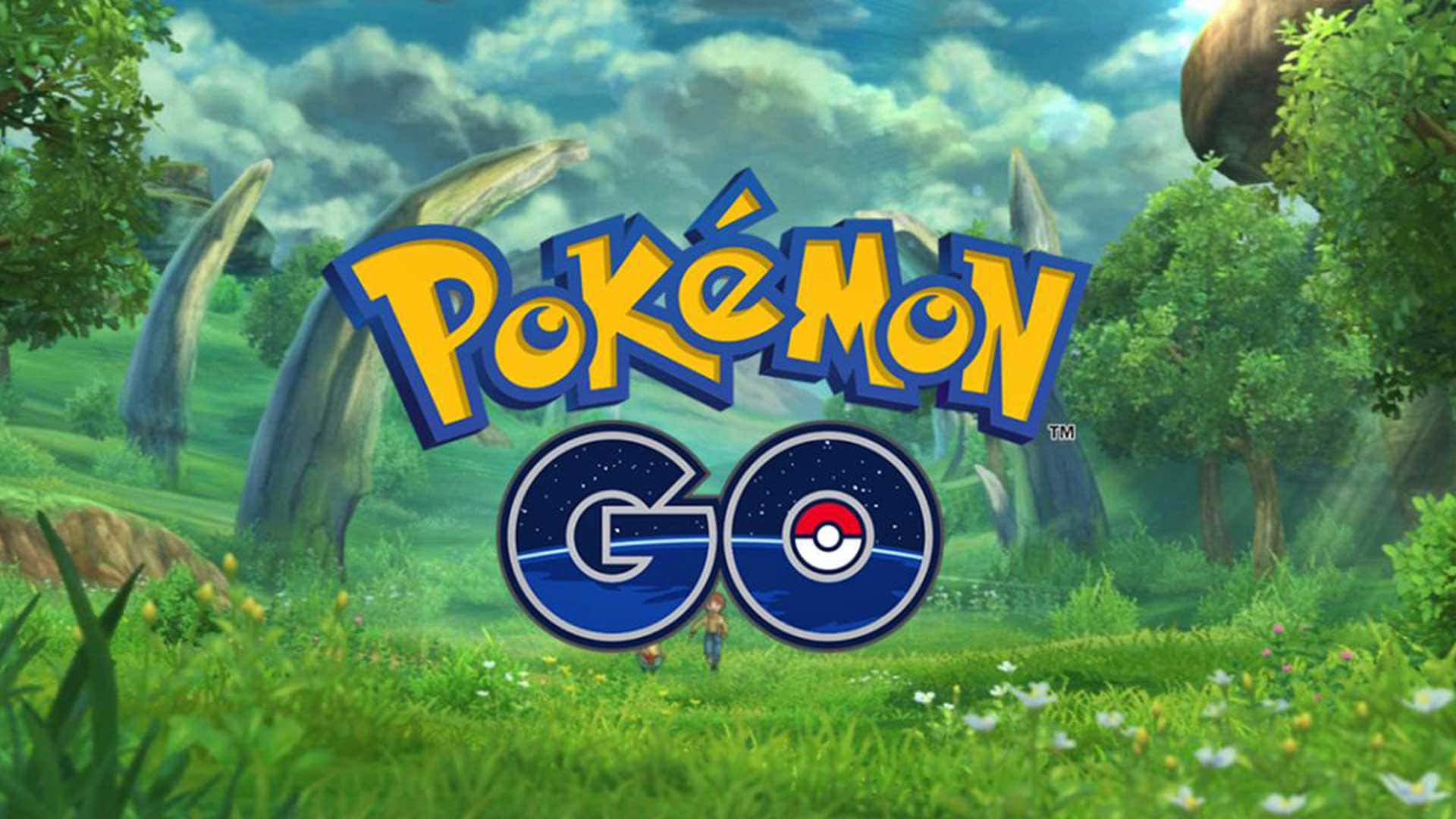 Pokemon Go Logo With Trees And Grass Background