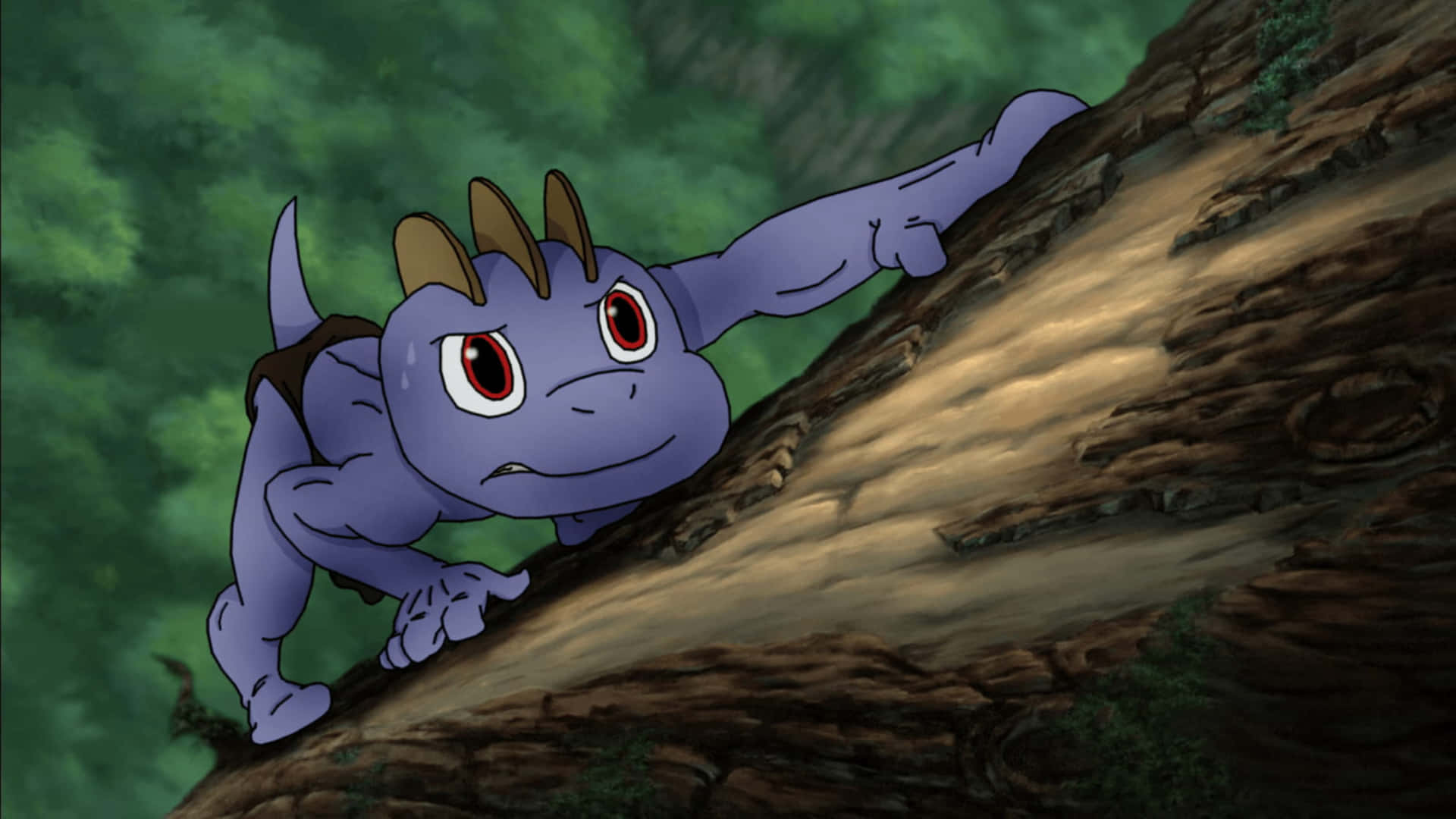Pokemon Machop Climbing Up Tree Background