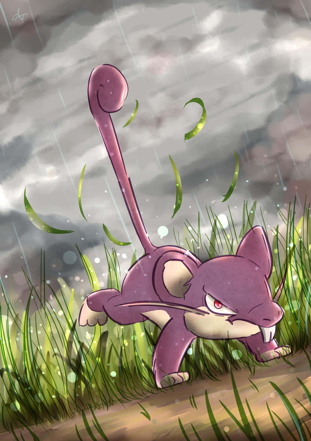 Pokémon Rattata Running In A Green Grass Field And Gray Sky Background