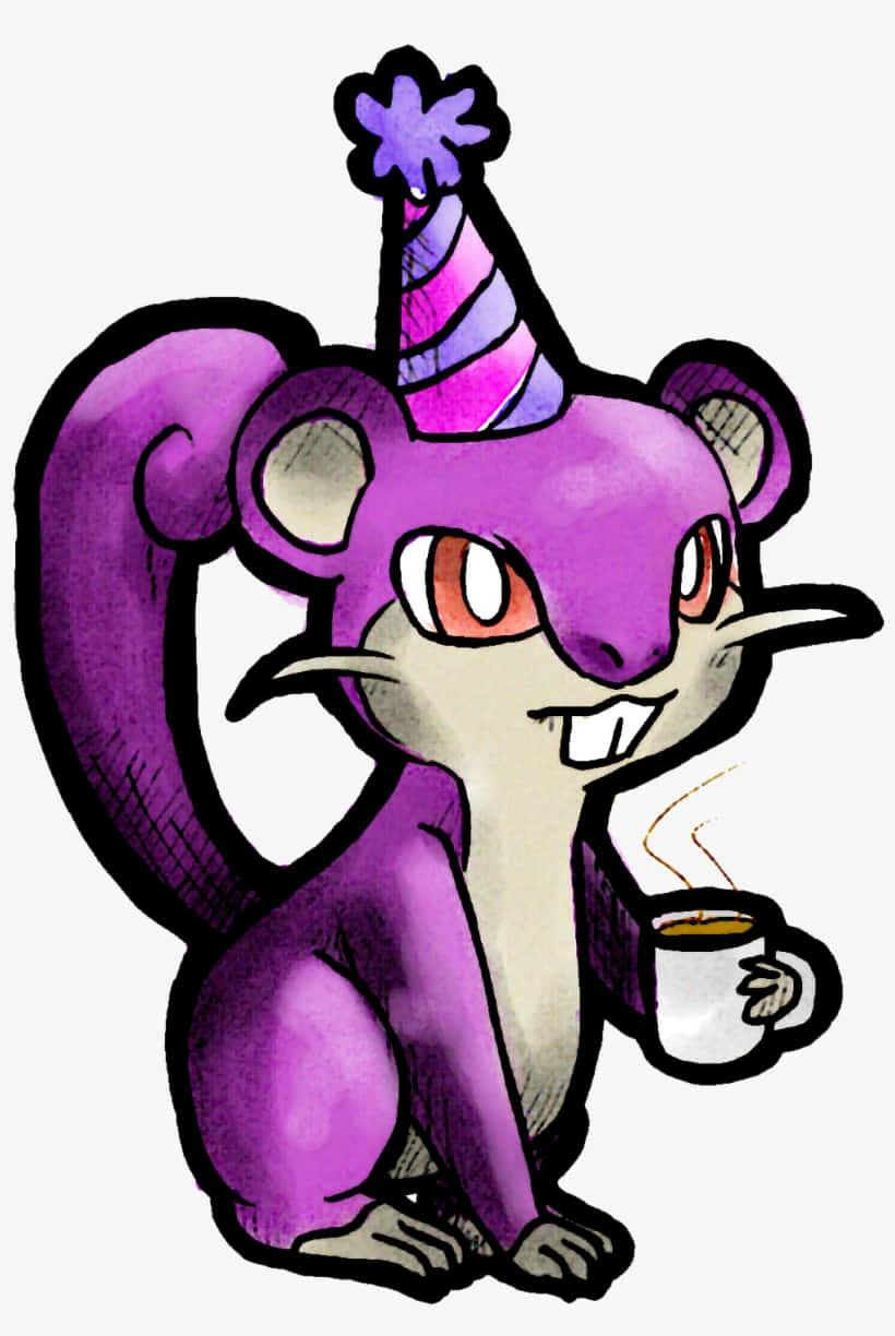 Pokémon Rattata Wearing A Birthday Cap And Holding A Cup Of Coffee Background