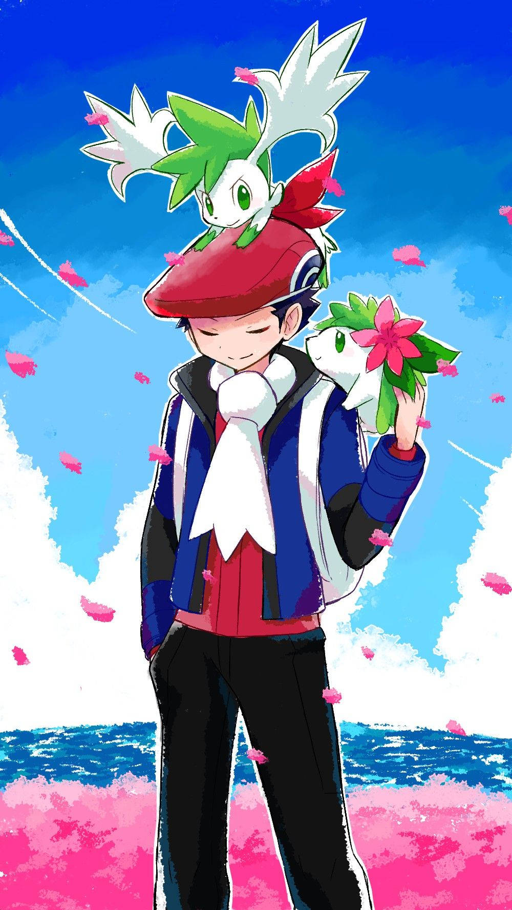 Pokemon Trainer Lucas With Mythical Pokemon Shaymin Background