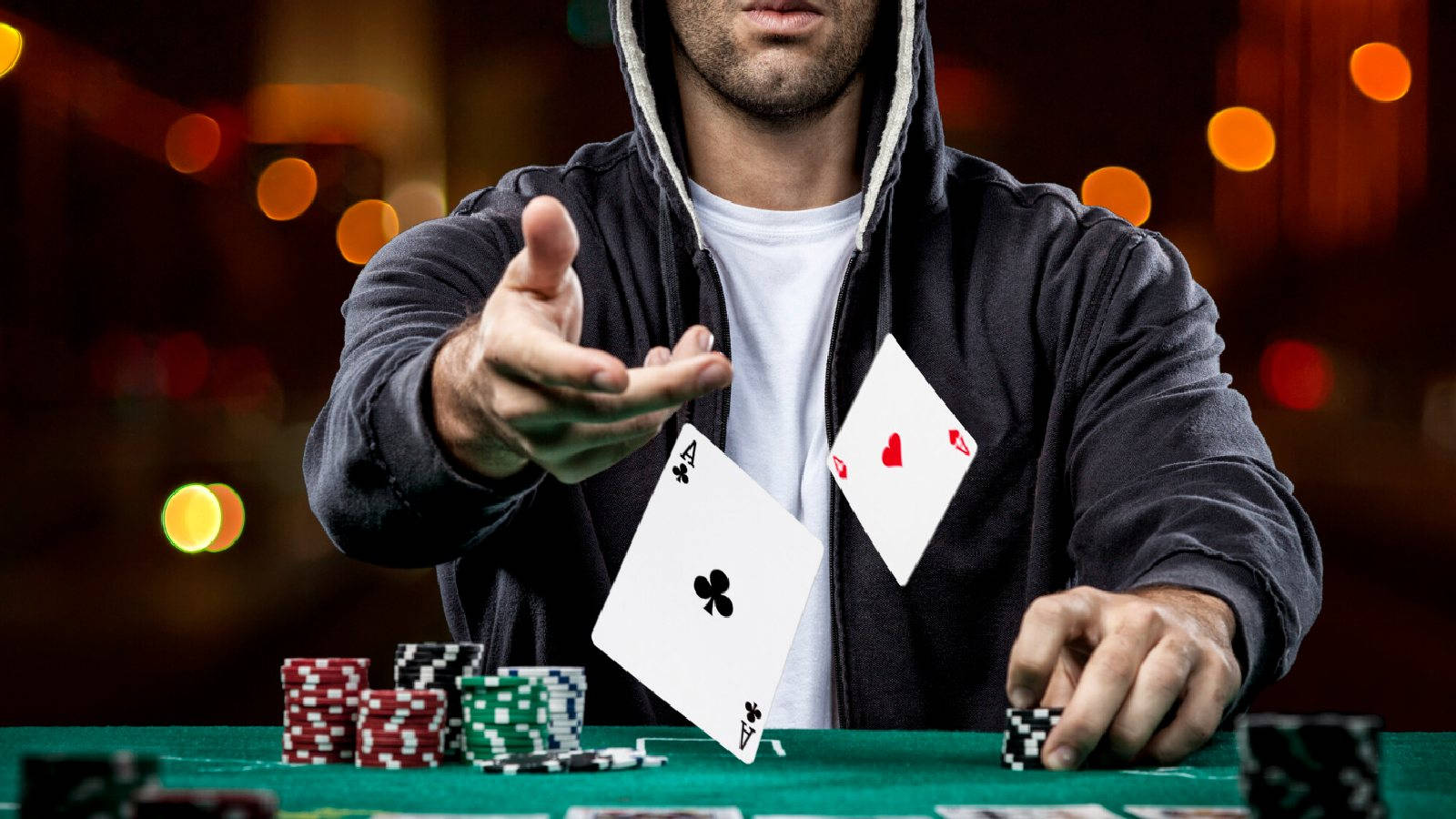 Poker Player Showing Pair Of Aces In Baccarat Game Background