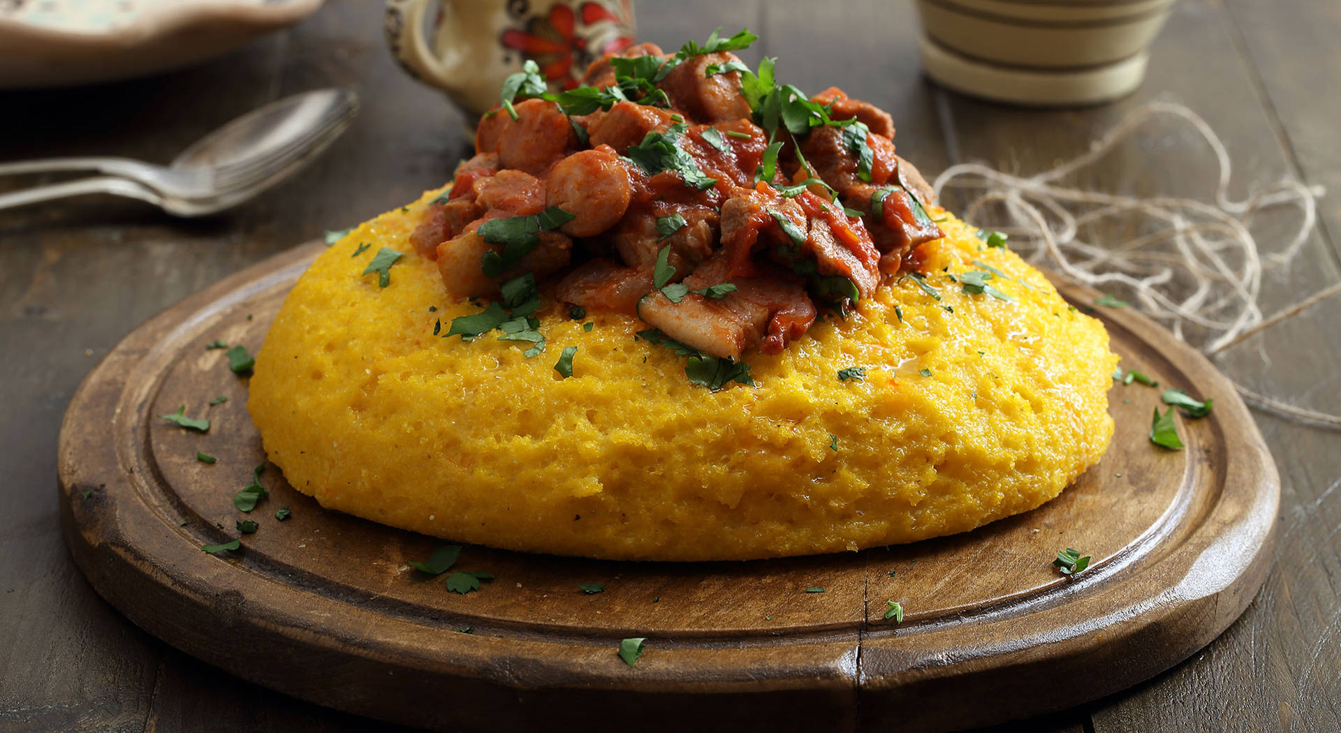 Polenta Taragna Served On A Wooden Board Background