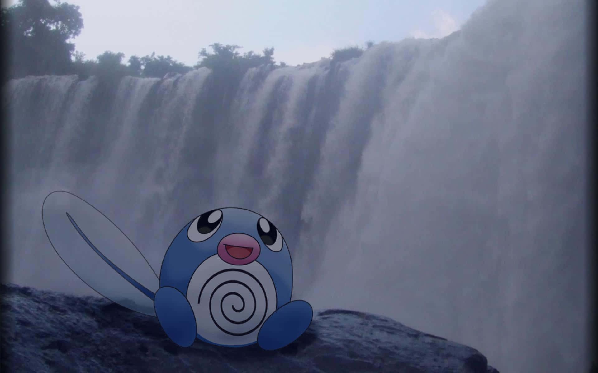 Poliwag Sitting On Rock Against Waterfalls Background