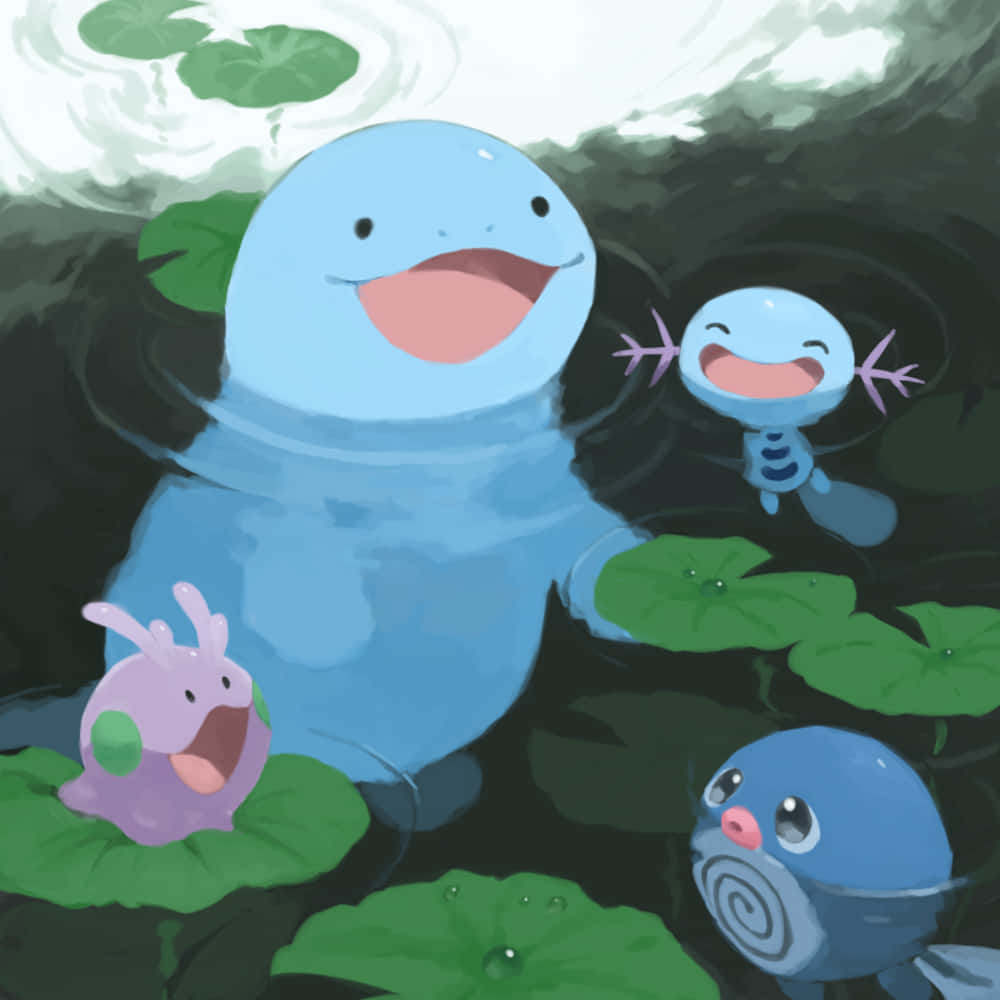 Poliwag With Wooper Quagsire And Goomy Background