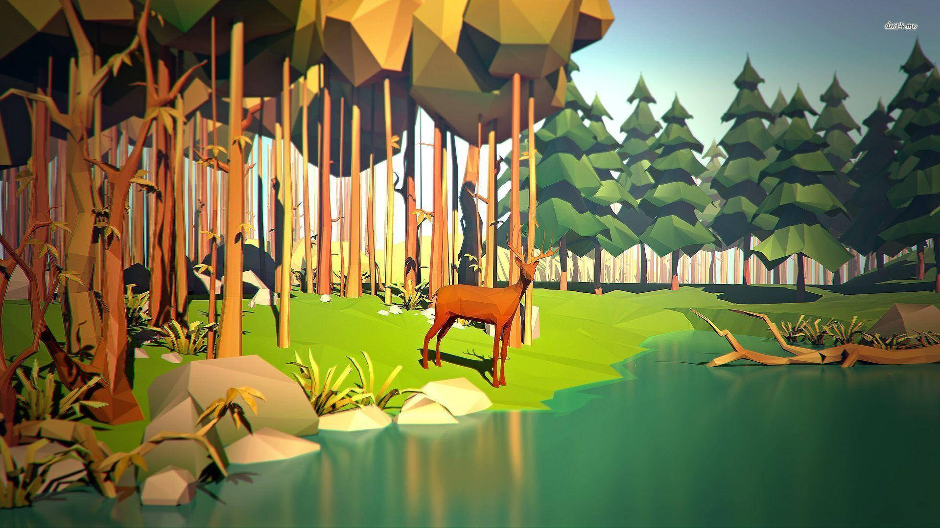 Polygon Art Deer In Forest Background
