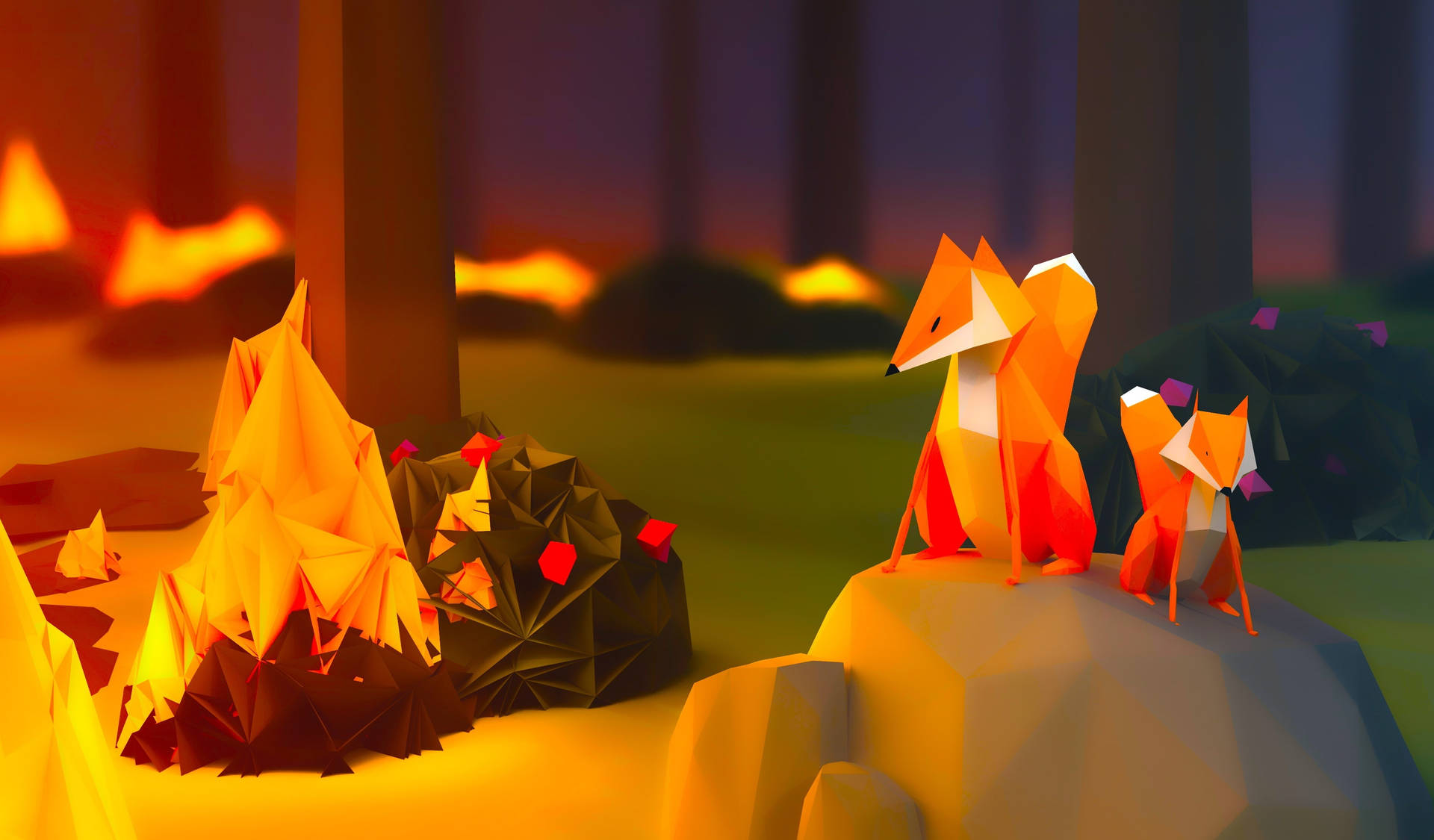 Polygon Art Foxes On Bonfire Background