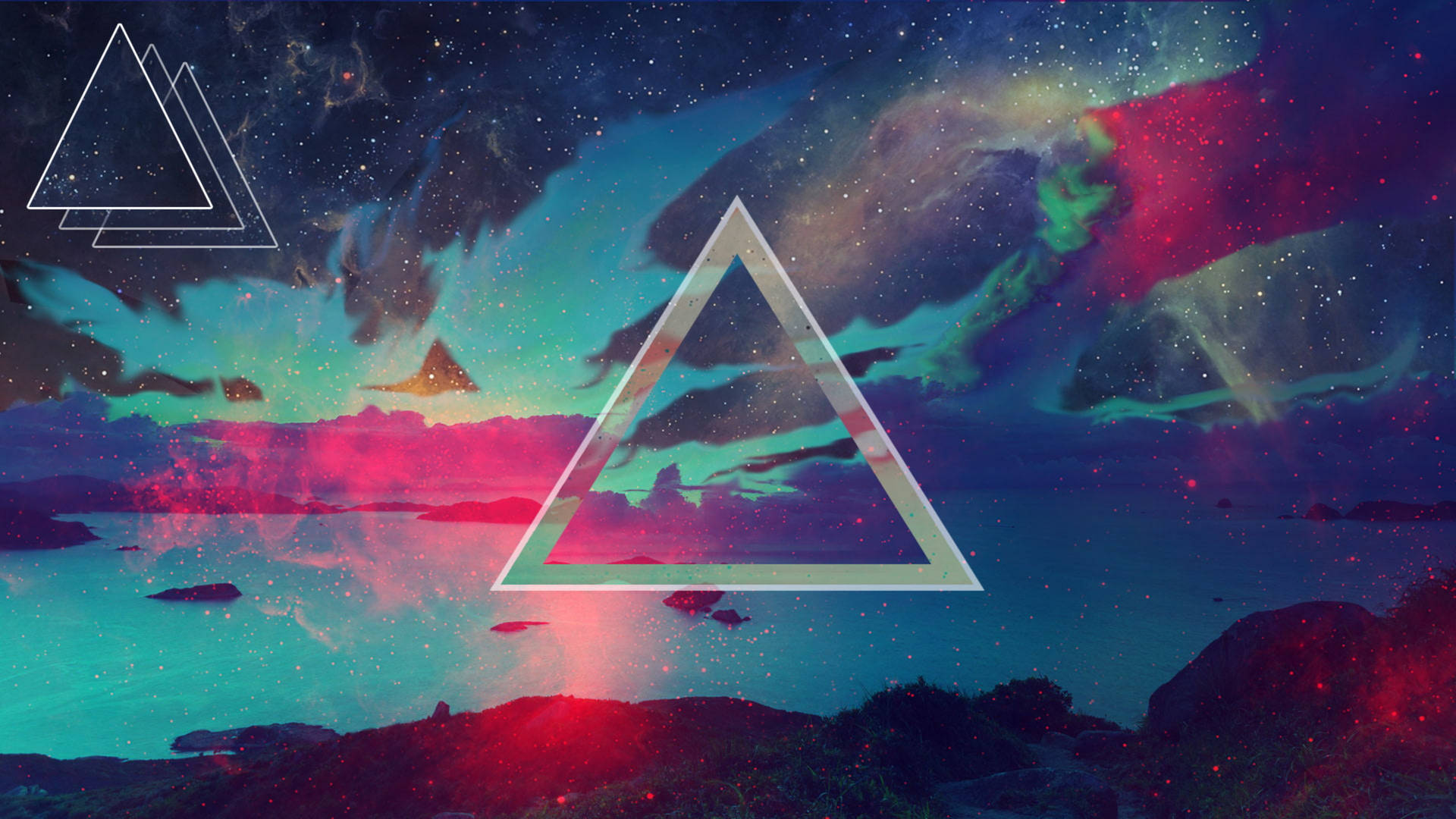 Polyscape Retrowave Ocean Triangles Background