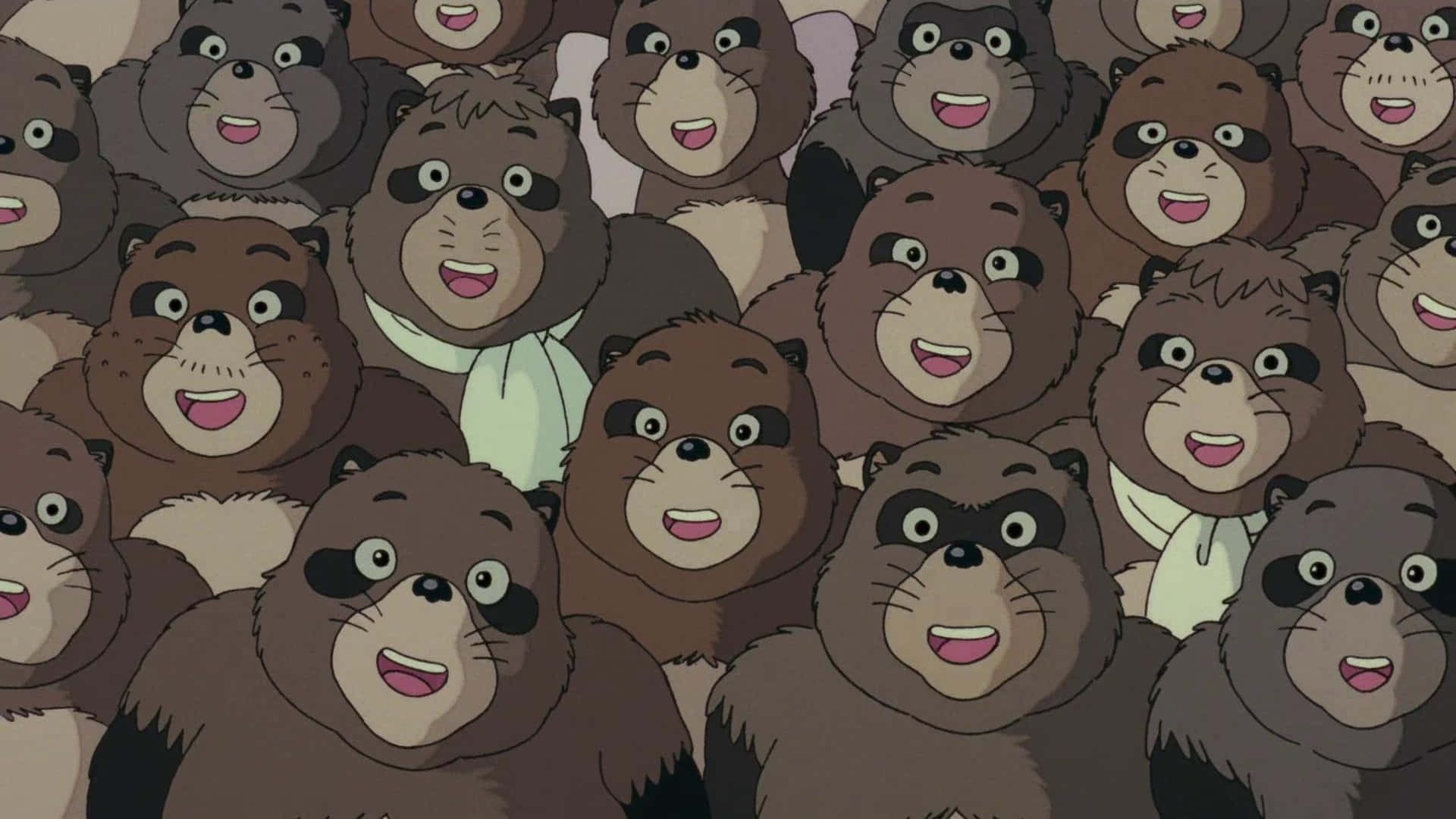 Pom Poko Characters Celebrating On The Hill Background