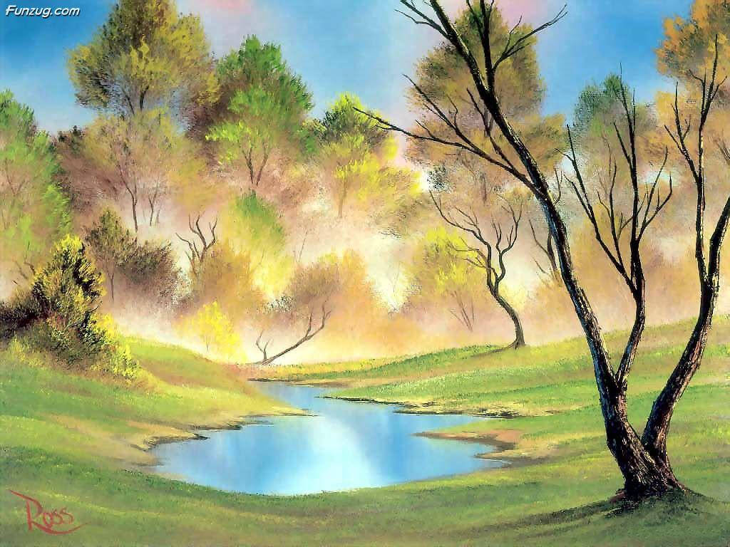 Pond And Trees Painting Desktop Background