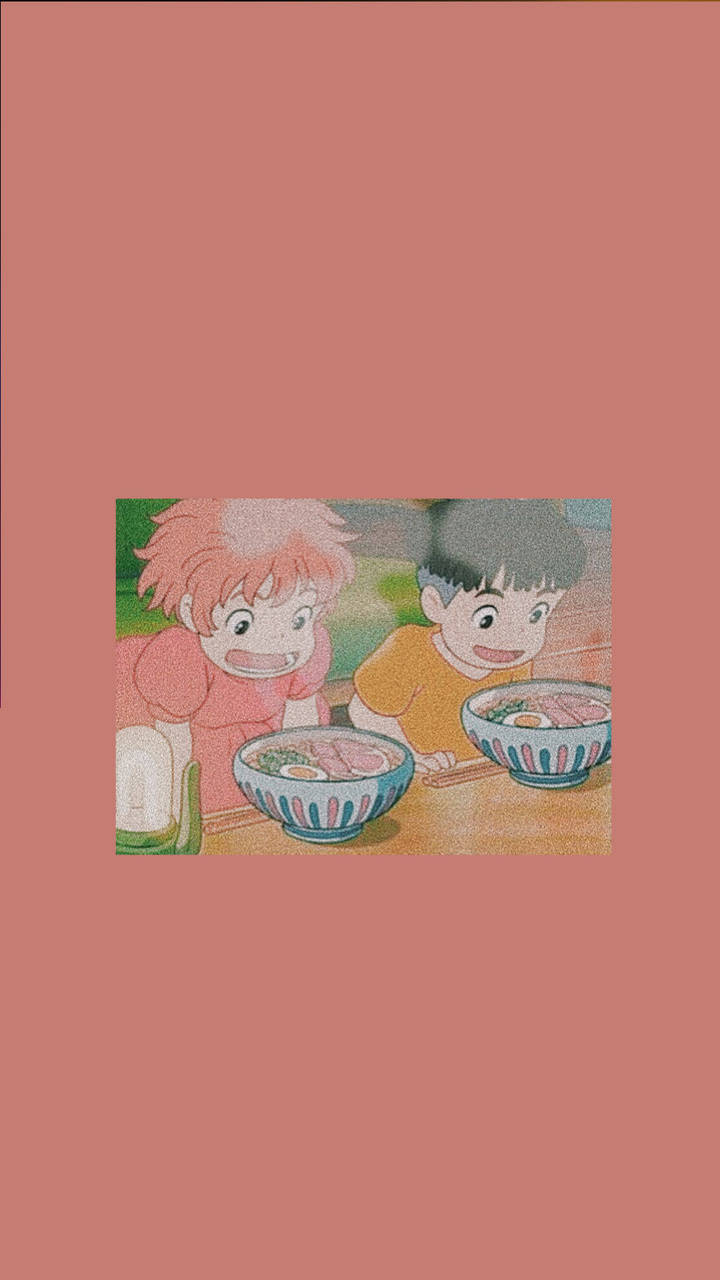 Ponyo And Sosuke Enjoying Ramen Together Background
