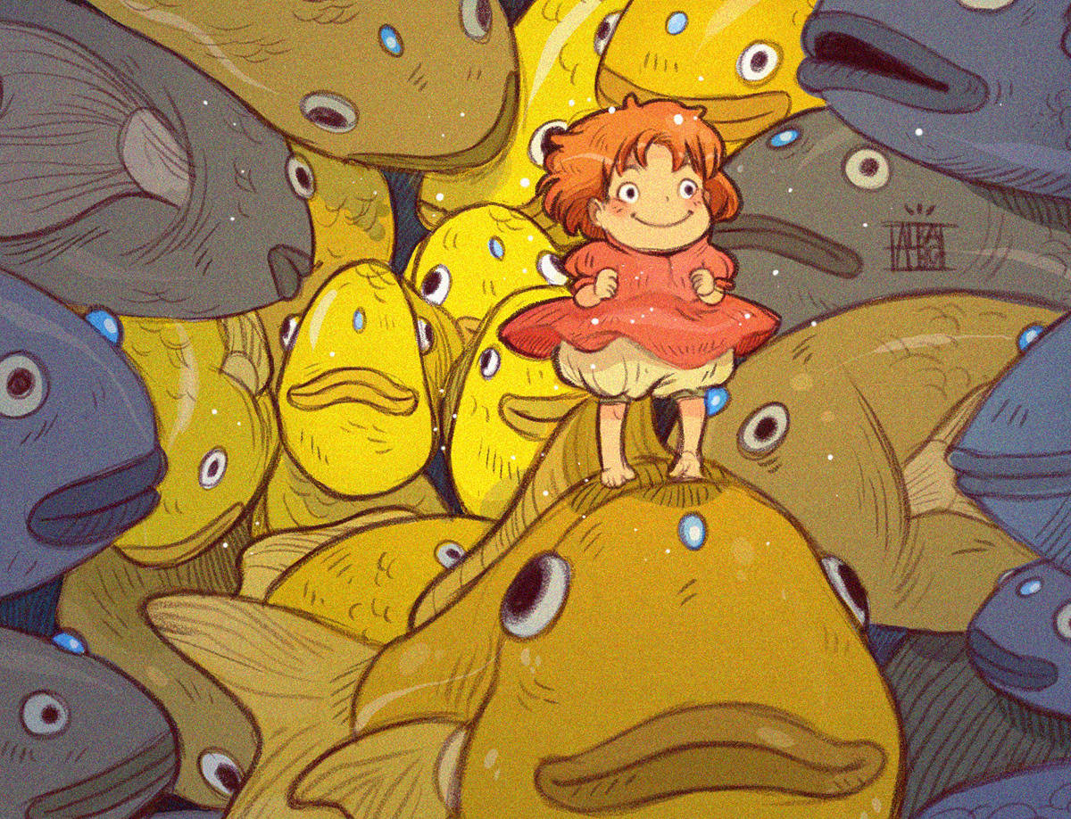 Ponyo With Fishes Drawing Background