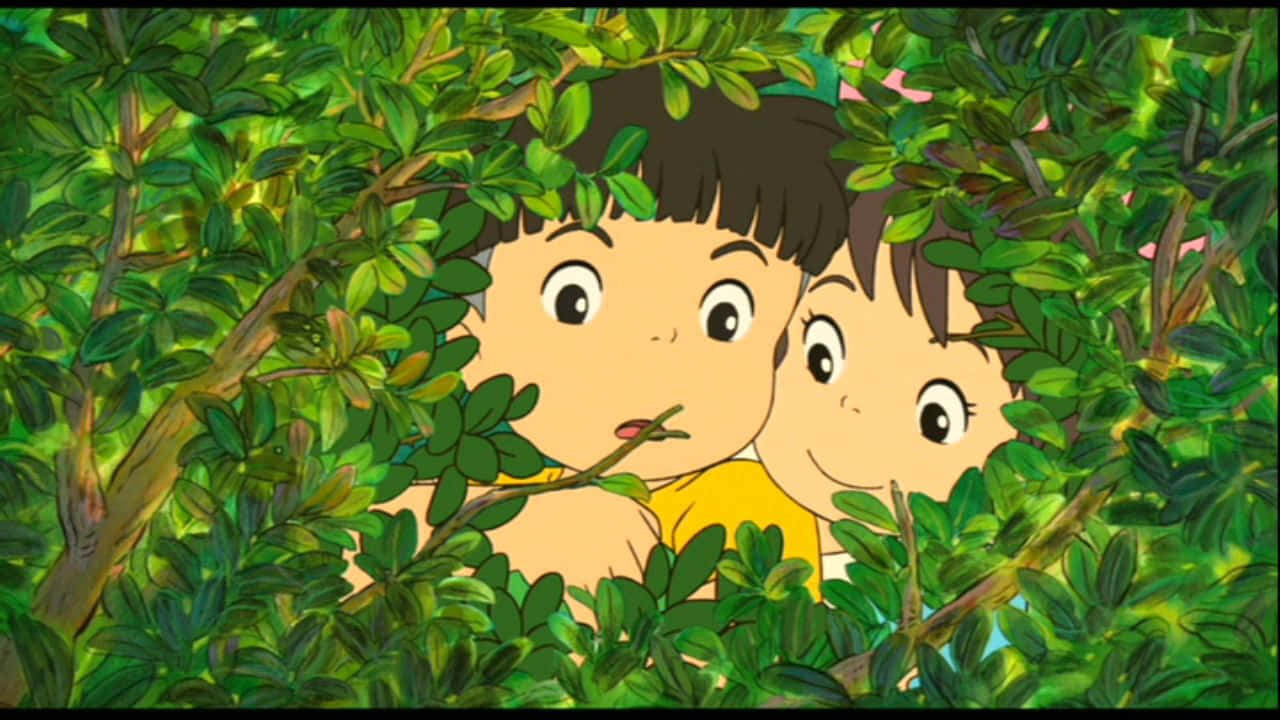 Ponyoand Sosuke Hidingin Bushes Background