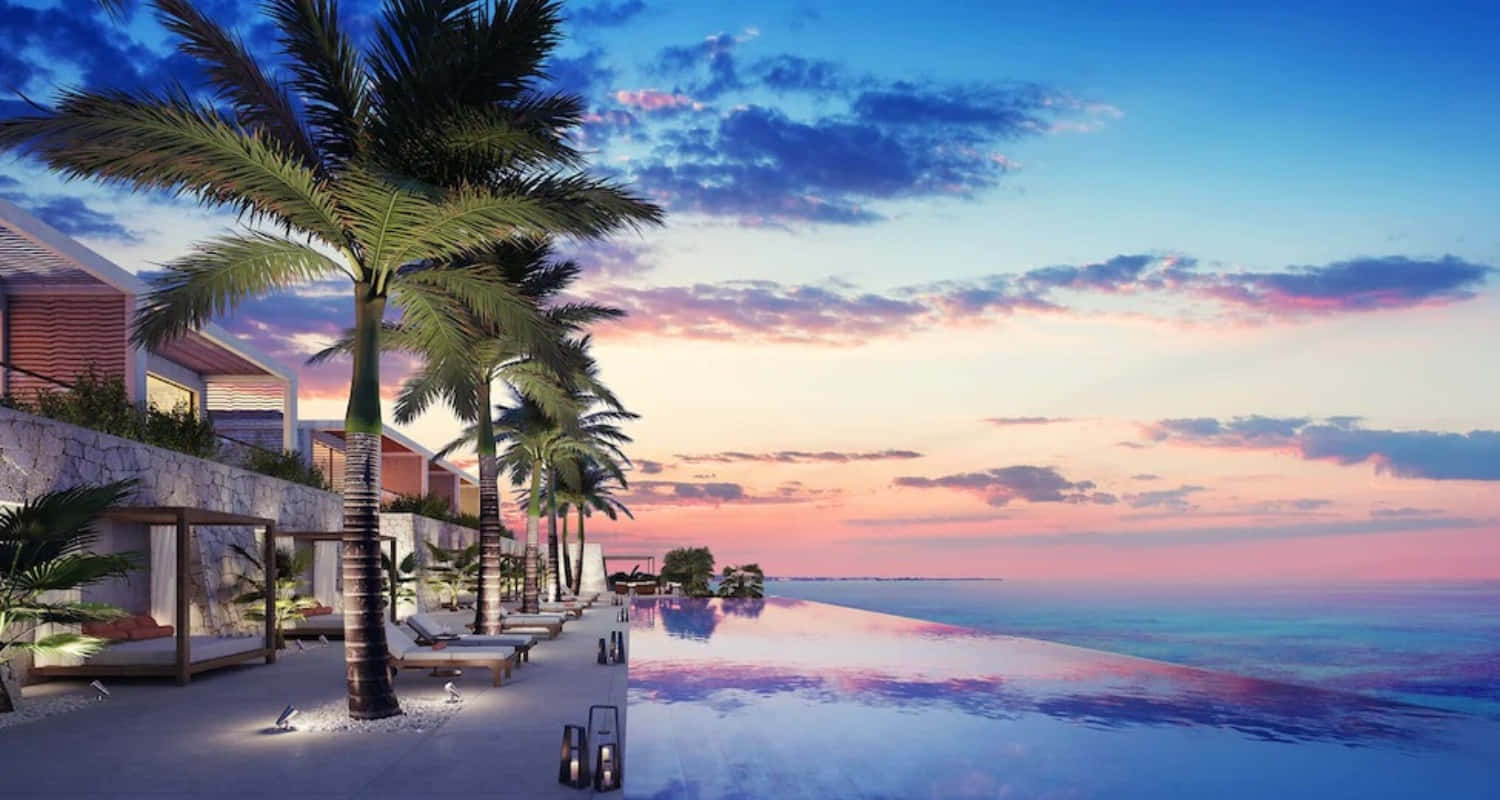 Pool And Beach Resort Sunset Background