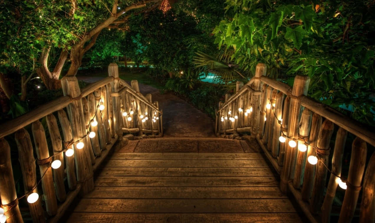 Pool Resort Wooden Bridge With Lights