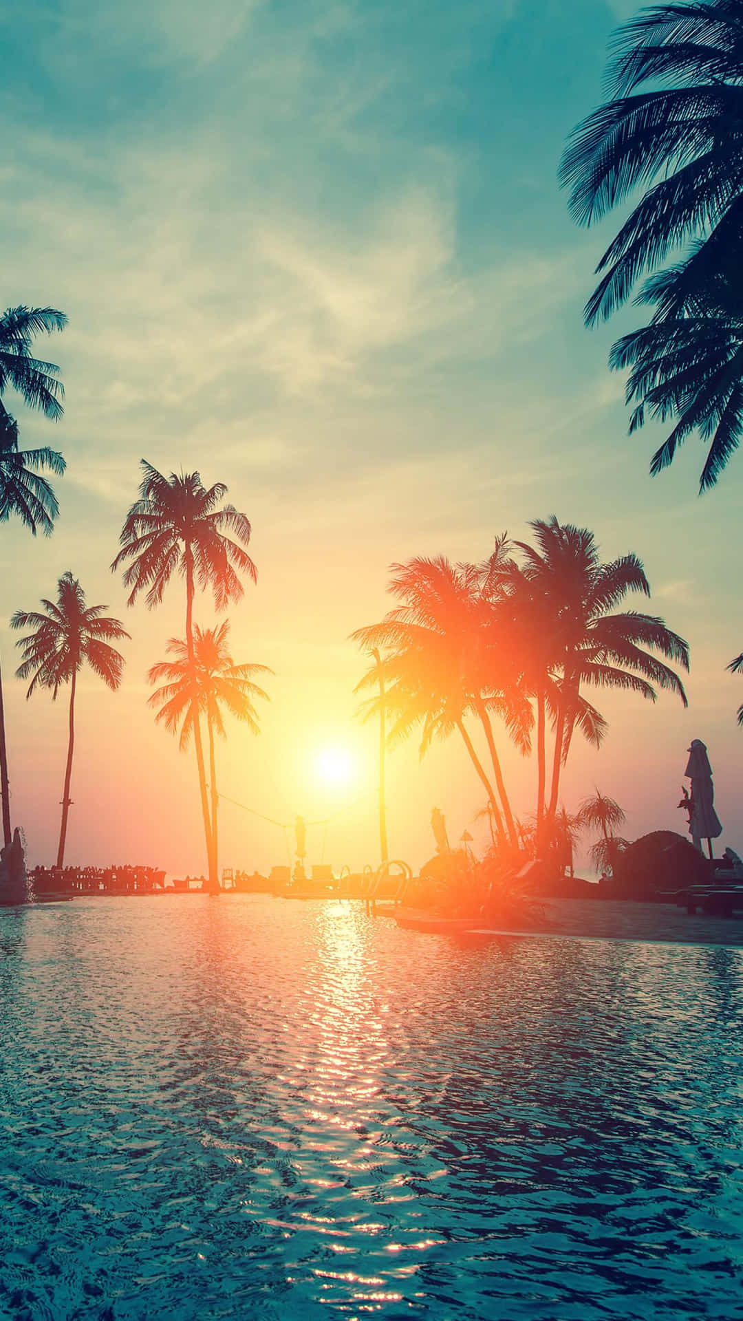 Pool Sunset With Palm Tree Background